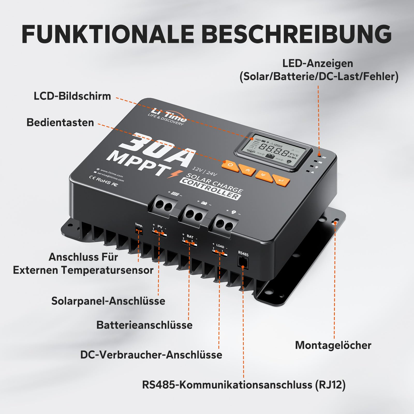 LiTime 30A MPPT 12V/24V Auto DC Input Solar Laderegler mit Bluetooth-Modul, Parameter einstellbares LCD-Display, LED-Anzeigen Solarpanel Regler, für Lithium Batterie