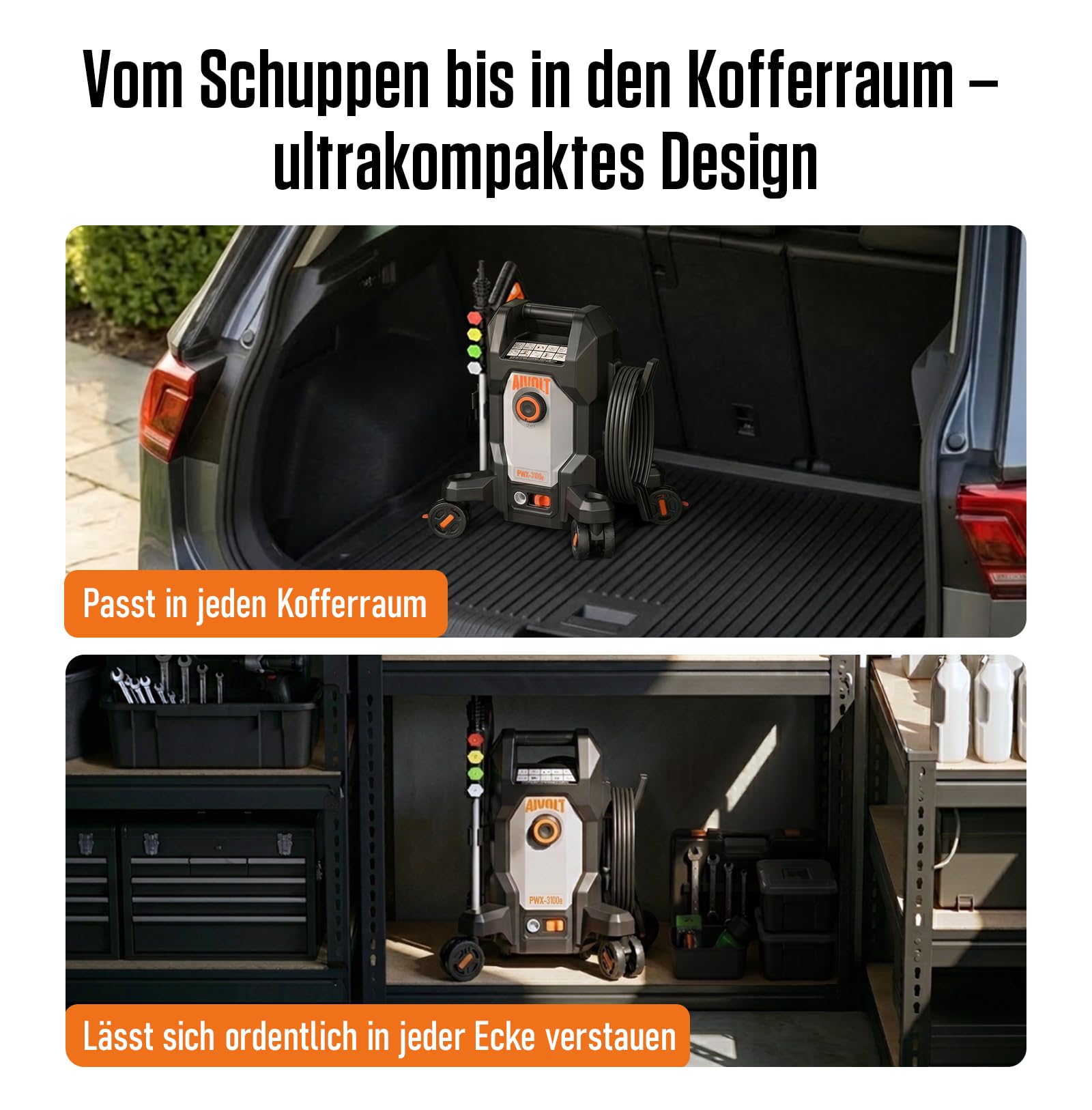 AIVOLT Hochdruckreiniger 2000 W 200 bar, Anti-Kipp 4-Rad Design
