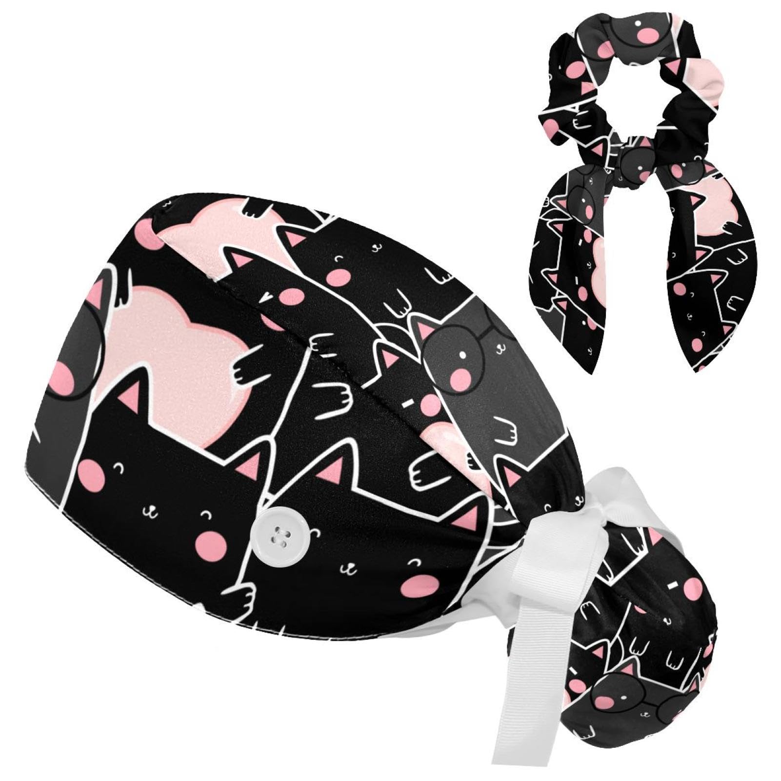 Cute Black Cat Scrub Cap, Adjustable Working Cap with Button, Bouffant Caps with Bow Hair Scrunchy
