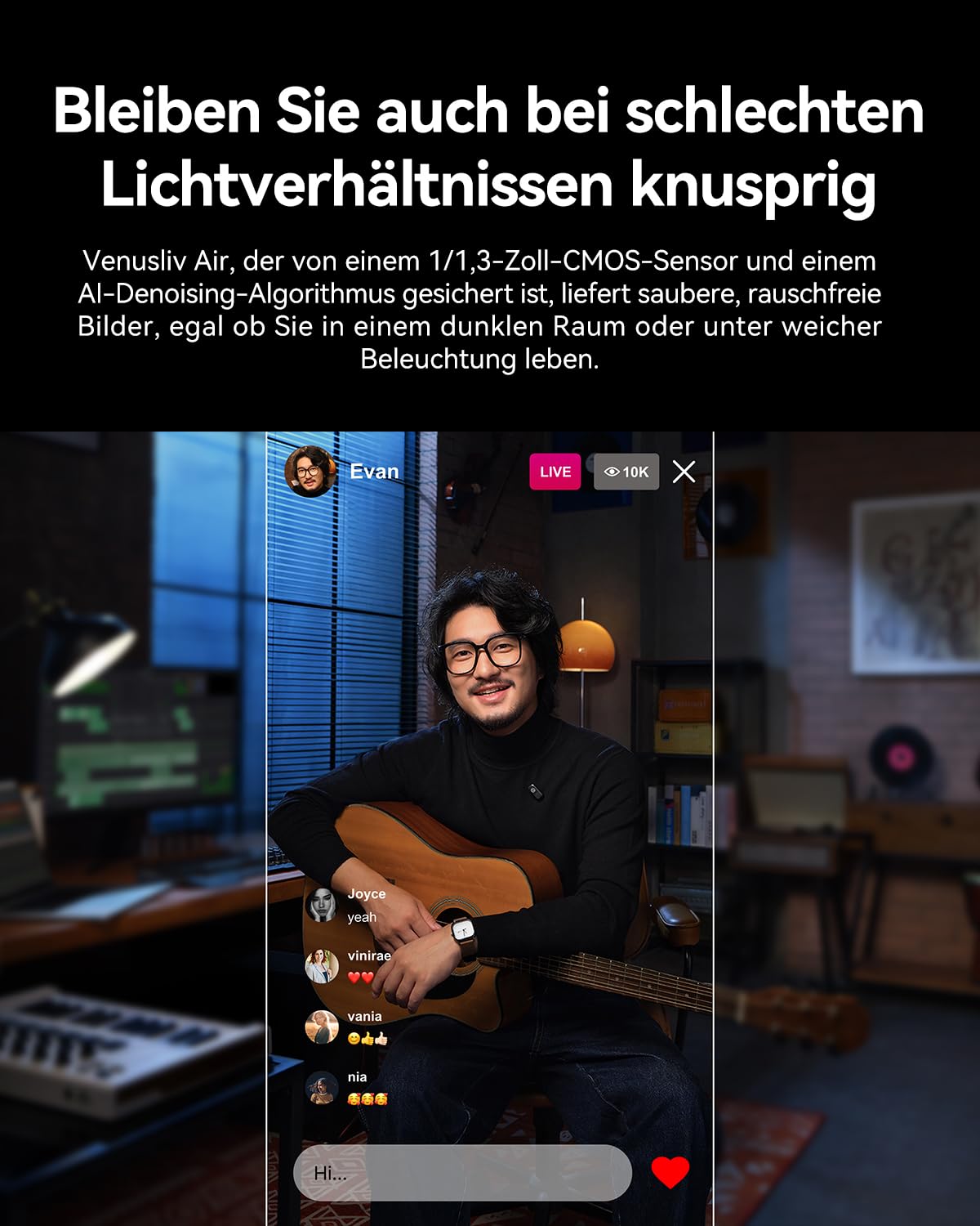 Hollyland VenusLiv Air Livestreaming-Kamera,1/1,3-Zoll-CMOS & F1.05 Objektiv,4K30p Video,UVC/HDMI-Ausgang,KI-Optimierung, Green-Screen, Hautverfeinerung, Farbkorrektur,Ideal für 24/7-Streaming