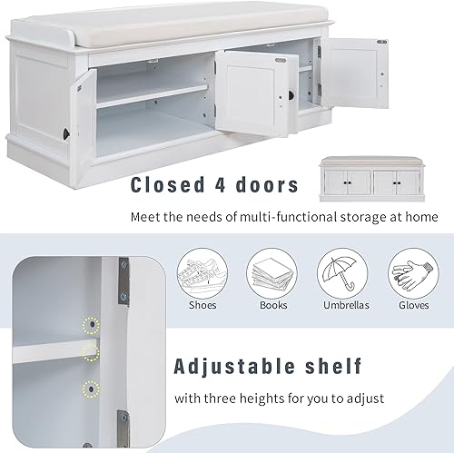 Miniatura 5 de LUMISOL Banco de almacenamiento tapizado con 4 puertas y estantes ajustables, banco de zapatos con cojines extraíbles, otomana de almacenamiento de