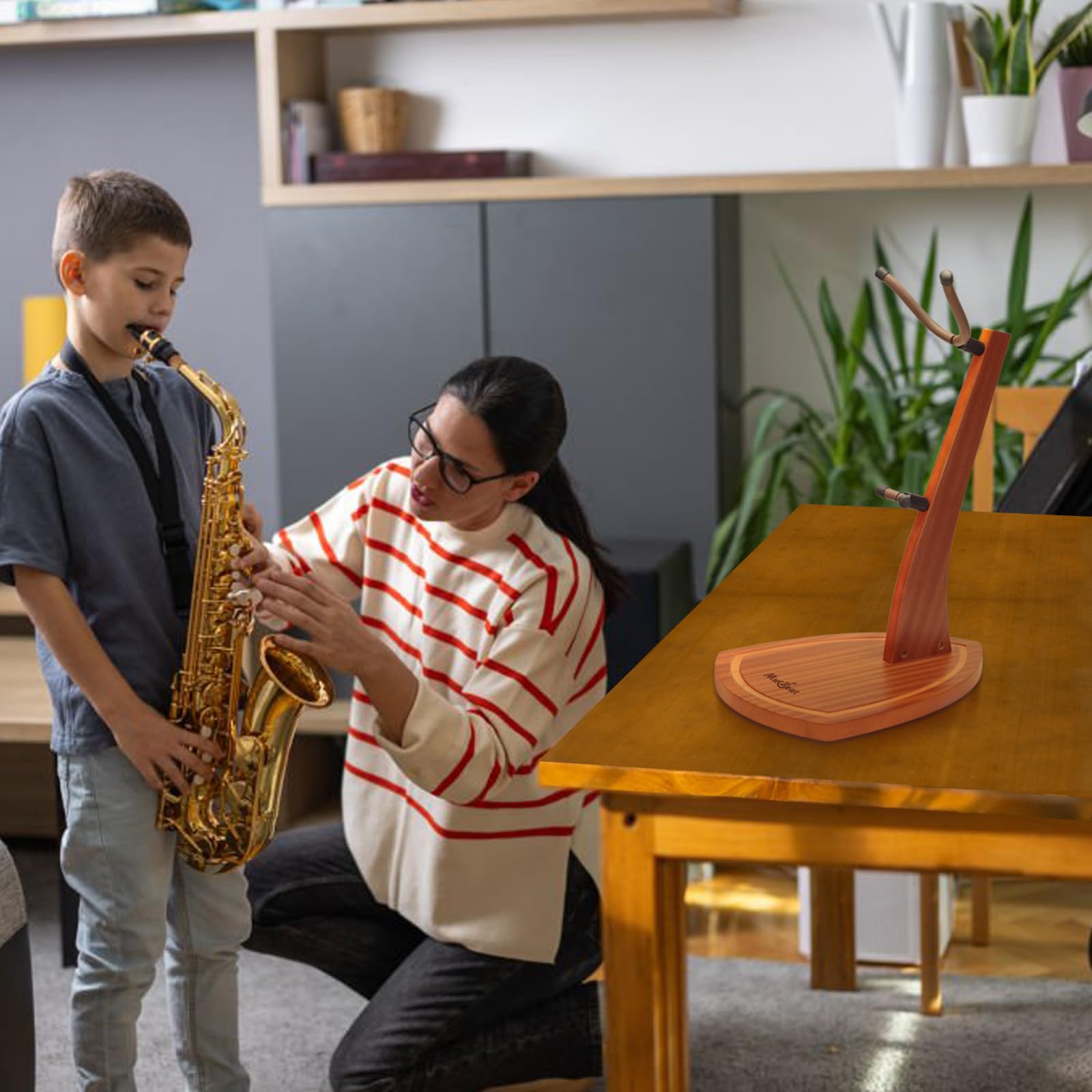 Supporto per sassofono, supporto per saxofono contralto e sax tenore, in legno di mogano con gioghi in morbido silicone, supporto per sassofono tenore realizzato a mano in legno per casa e