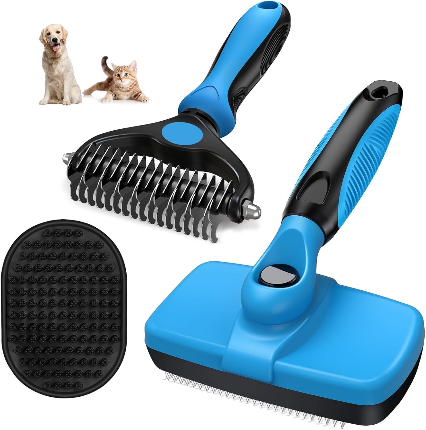 3PCS Self Cleaning Slicker Brush & Pet Grooming Rake & Bath Brush for Dogs and Cats | Double-Sided Dematting Pet Comb & Skin Friendly Deshedding Grooming Tool | Premium Pet Supplies (Black & Blue)