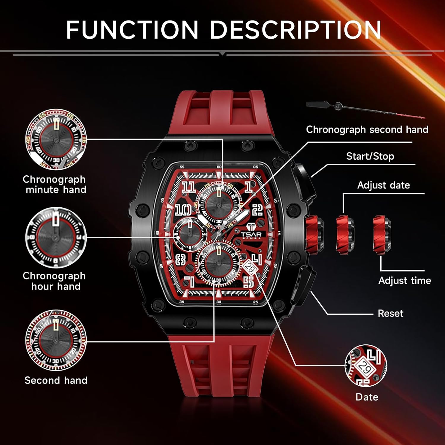 TSAR BOMBA Mens Luxury Watch Watches for Men 50M Waterproof Japanese Quartz Movement Tonneau Stainless Steel Case Sapphire Glass with Chronograph Date Function Cool Unique Fashion Gift