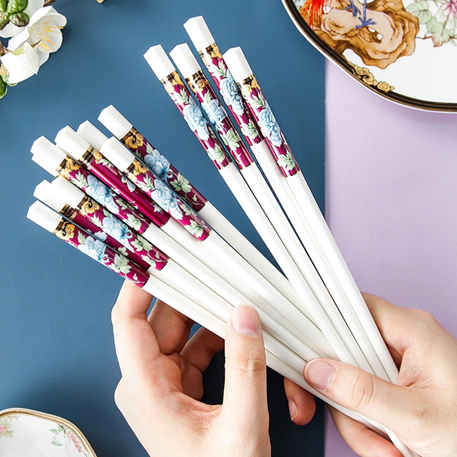 Baguettes réutilisables, 10 Paires de Baguettes en Porcelaine pour Usage Domestique, Baguettes en céramique antidérapantes(Une Paire)