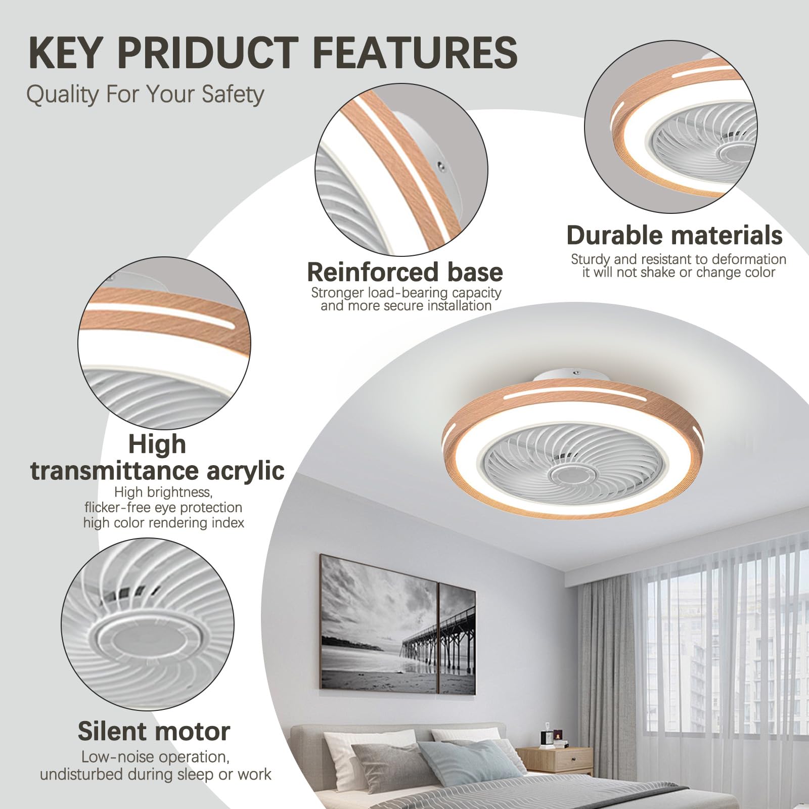 Ventilatore da Soffitto con Luce e Telecomando Finto legno 50cm-A | Silenzioso LED Dimmerabile Plafoniera con Ventilatore DC Reversibile Lampadario con Ventola per Camera da Letto Soggiorno