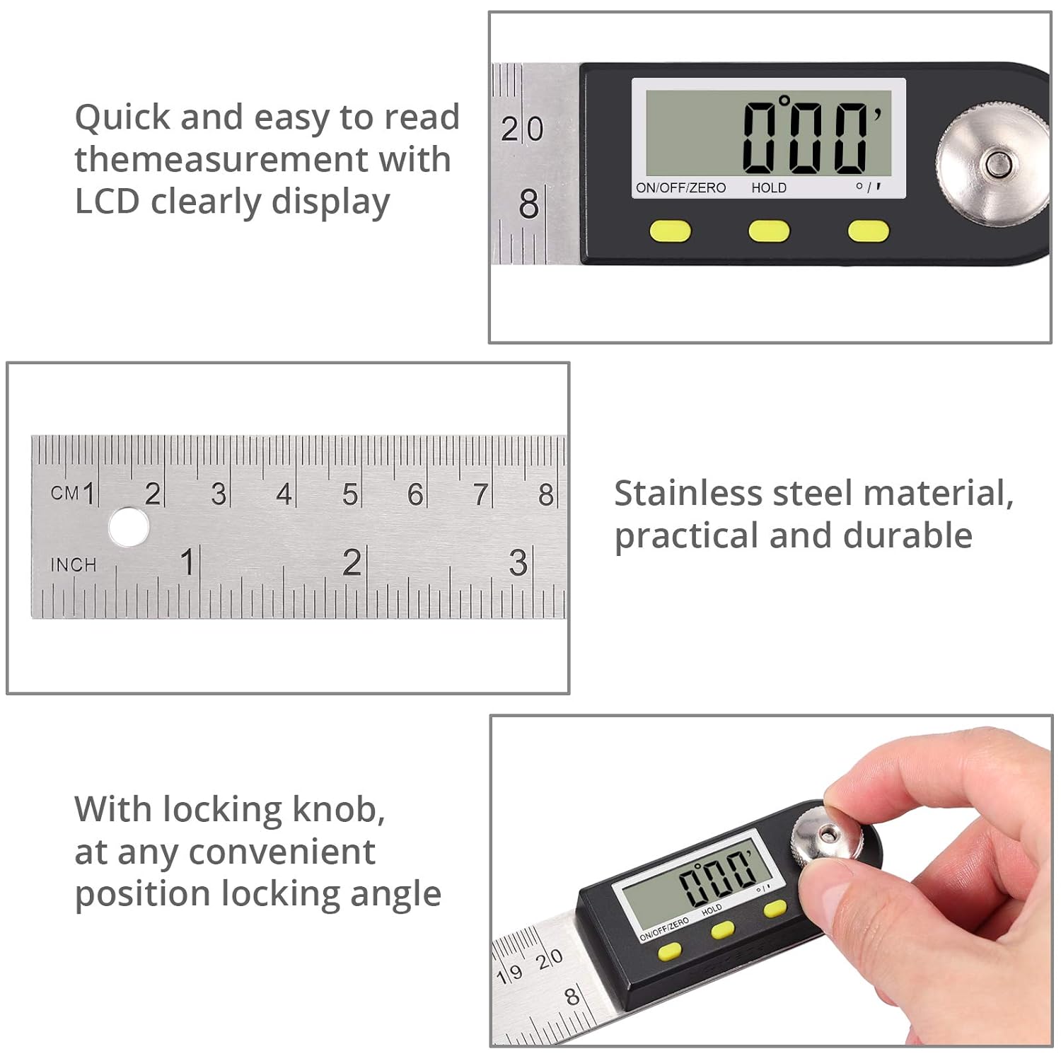 Proster 200mm 360°Angle Finder Data Hold LCD Angle Ruler One Key Zeroing 80mm 3 1/8" Magnetic Height Gauge Depth Gauge for Woodworking Construction Home Decoration : Industrial & Scientific