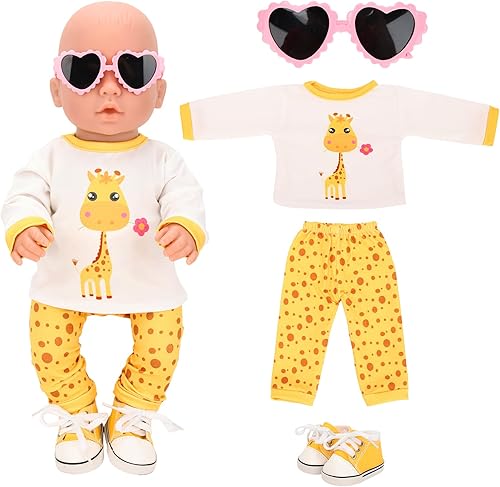 Miunana Adorable juego de 4 piezas de ropa de muñeca de bebé de 15 pulgadas, lentes de sol rosados + parte superior blanca + pantalones y zapatos