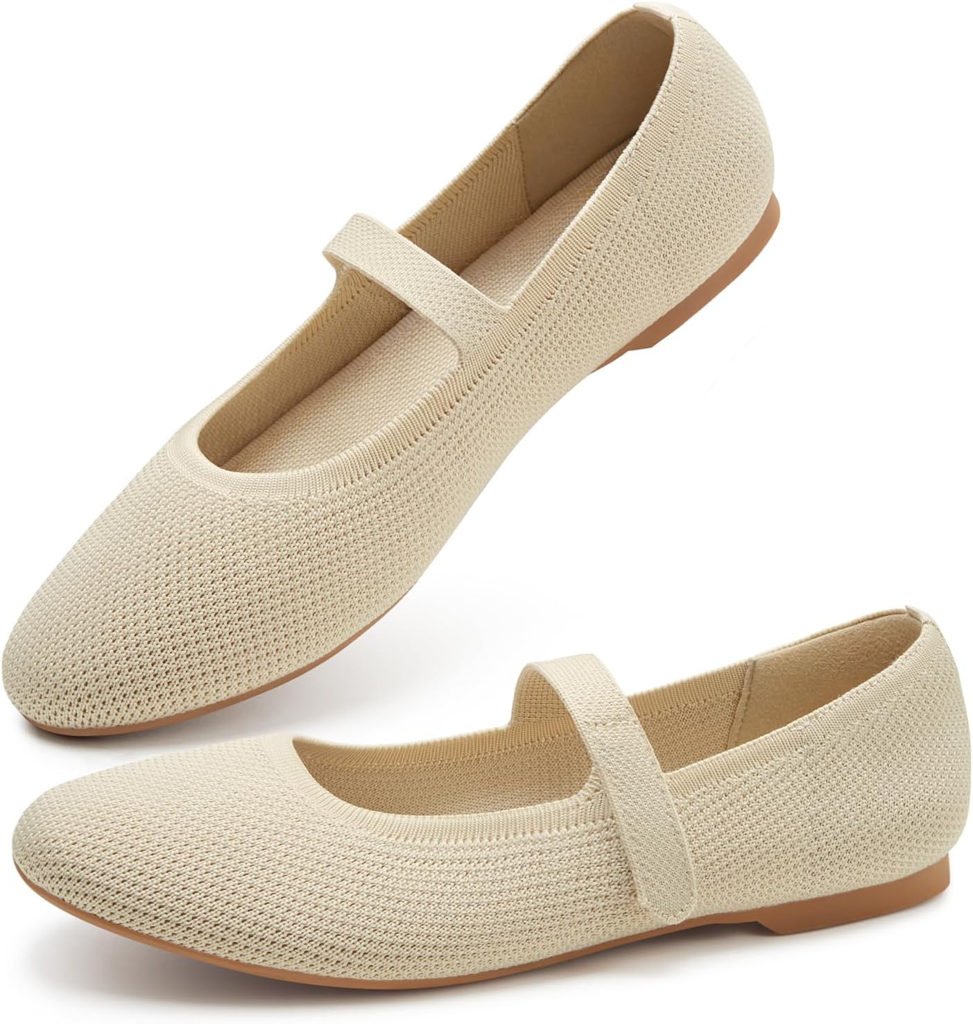 ATHMILE Mary Jane Shoes Women Round Toe Knit Ballet Flats Shoes for Women Comfortable Dressy Washable Adjustable Strap for Work Office Casual Nude - Image 5