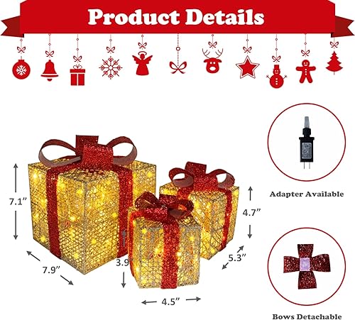 Miniatura 4 de Juego de 3 cajas de regalo iluminadas, cajas de regalo iluminadas de Navidad color dorado champán, 60 luces blancas preiluminadas, caja de regalo