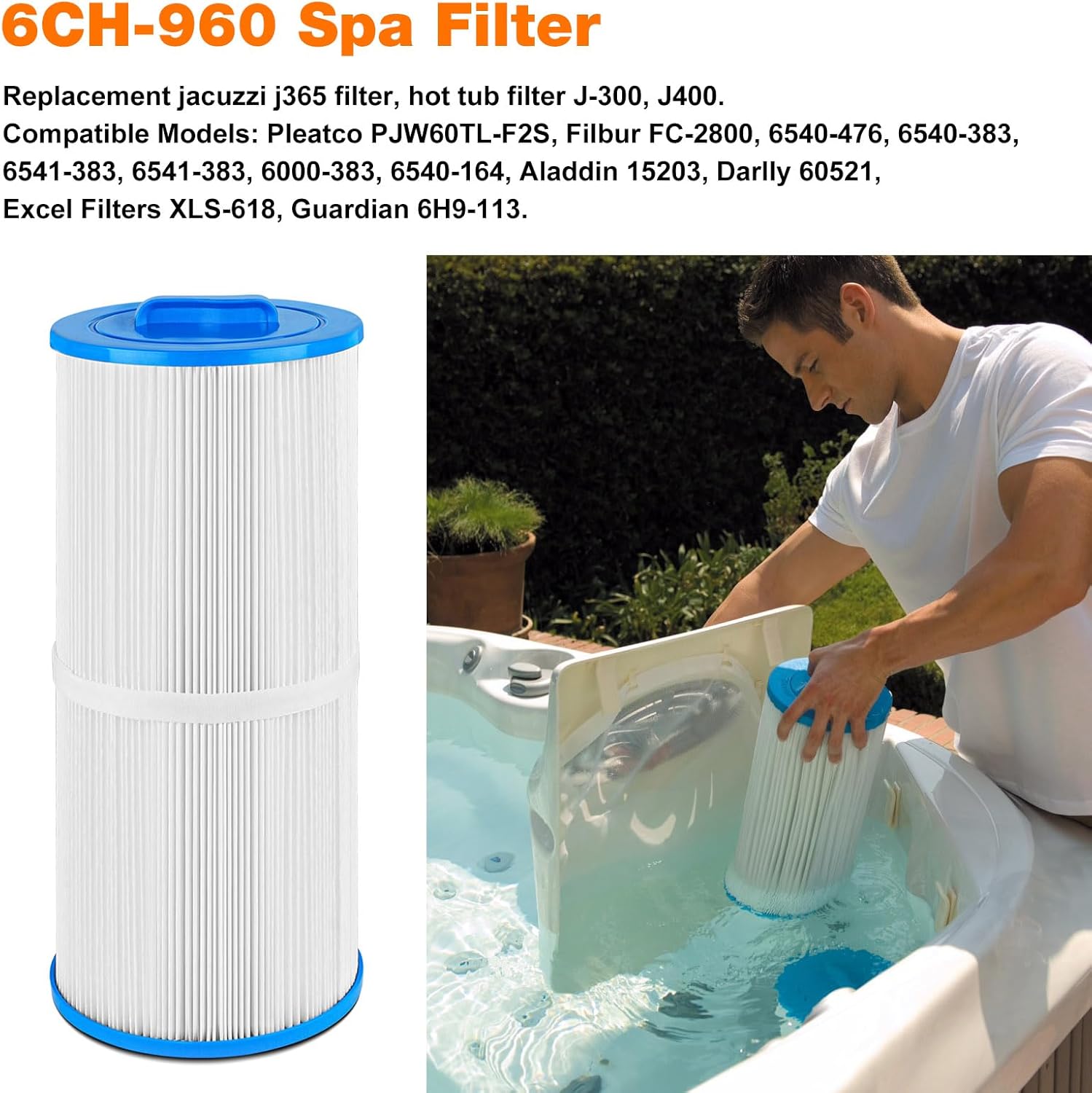6CH-960 Spa Filter Replacement Jacuzzi Filter J-300, J400, 14081, 6000-383A, FC-2800, 6540-476, 6540-383, PJW60TL-F2S, 14081, 6000-383A Hot Tub Filter with Closed Handle (Not be Removed) 2 Pack - Image 2