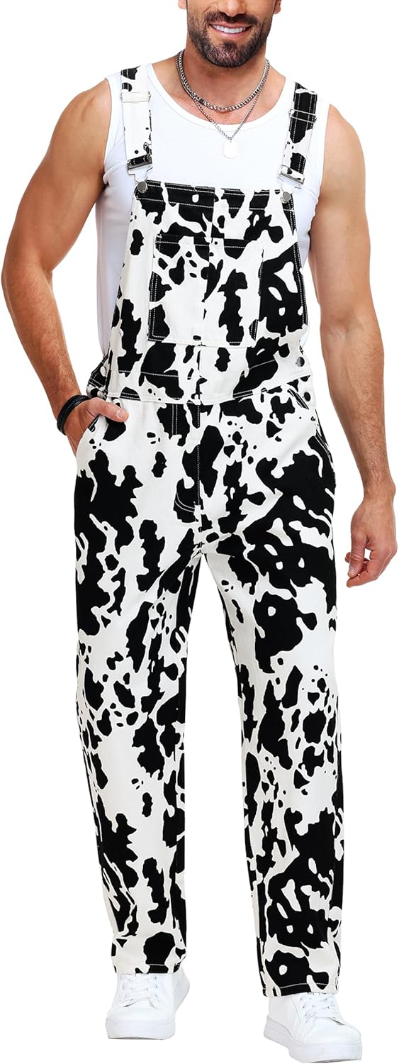 AOBUTE Mens Denim Bibs Overalls Pants Animal Cow Print Work Casual Jumpsuit
