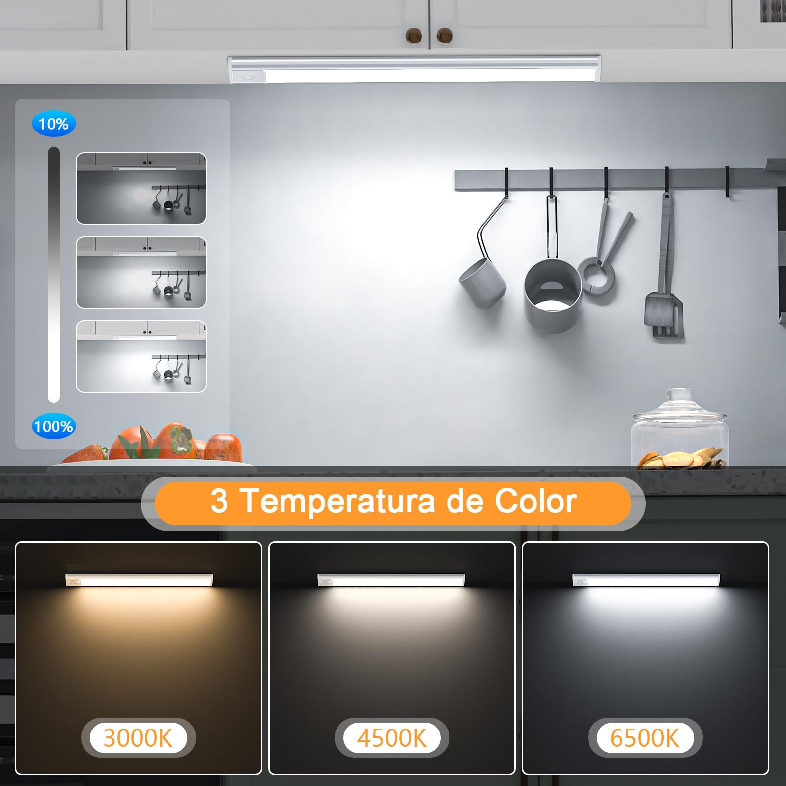 Luz LED Armario 30cm con Sensor de Movimiento 3000mAh USB-C Recargable | 3 tonos de color, batería 3000mAh con carga USB-C, perfecta para cocina, pasillos, escaleras, garajes y sótanos