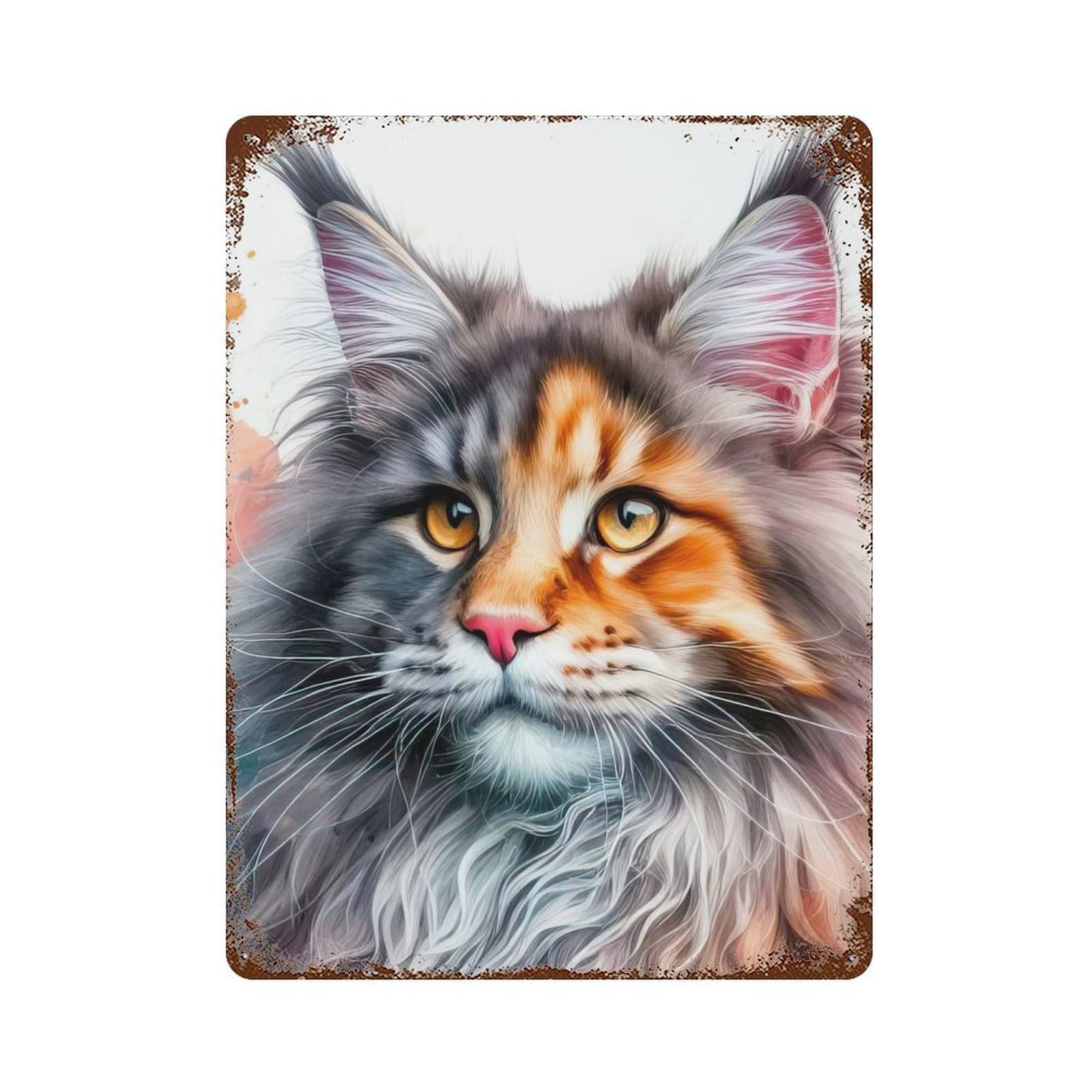 Maine Coon Cat Portrait Rust Effect Tin Sign 15.7"x11.8", Decorative Metal Wall Art for Living Room, Hallway And Home Decor