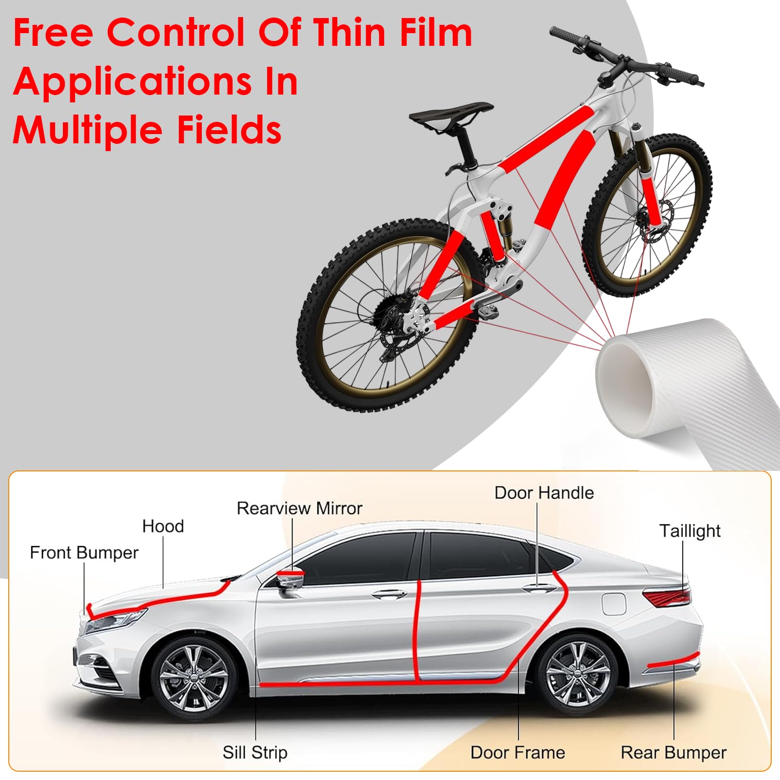 Protector Parachoques Coche, 10cm x 3m Vinilo Protector Bicicleta, Vinilo Fibra Carbono Para Moto, Adhesivo Protector para Marco de Bicicleta, Anti-Arañazos, para MTB, E-Bike