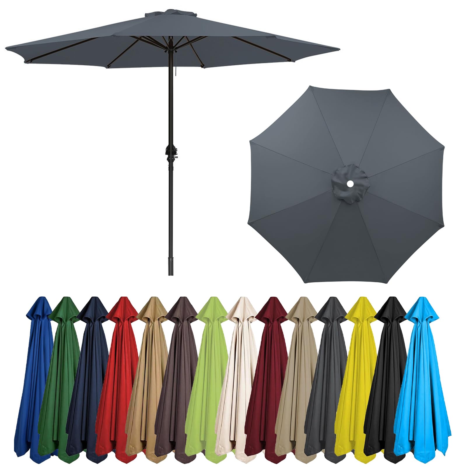 HonunGron 6 Arms/8 Arms Replacement Parasol Fabric Cover For Garden Umbrella, 2m/2.7m/3m Replacement Canopy Top, Replacement Patio Offset Roma Parasol Canopy, Anti-UV (8 ribs-2.7m(8.8ft),Gray)