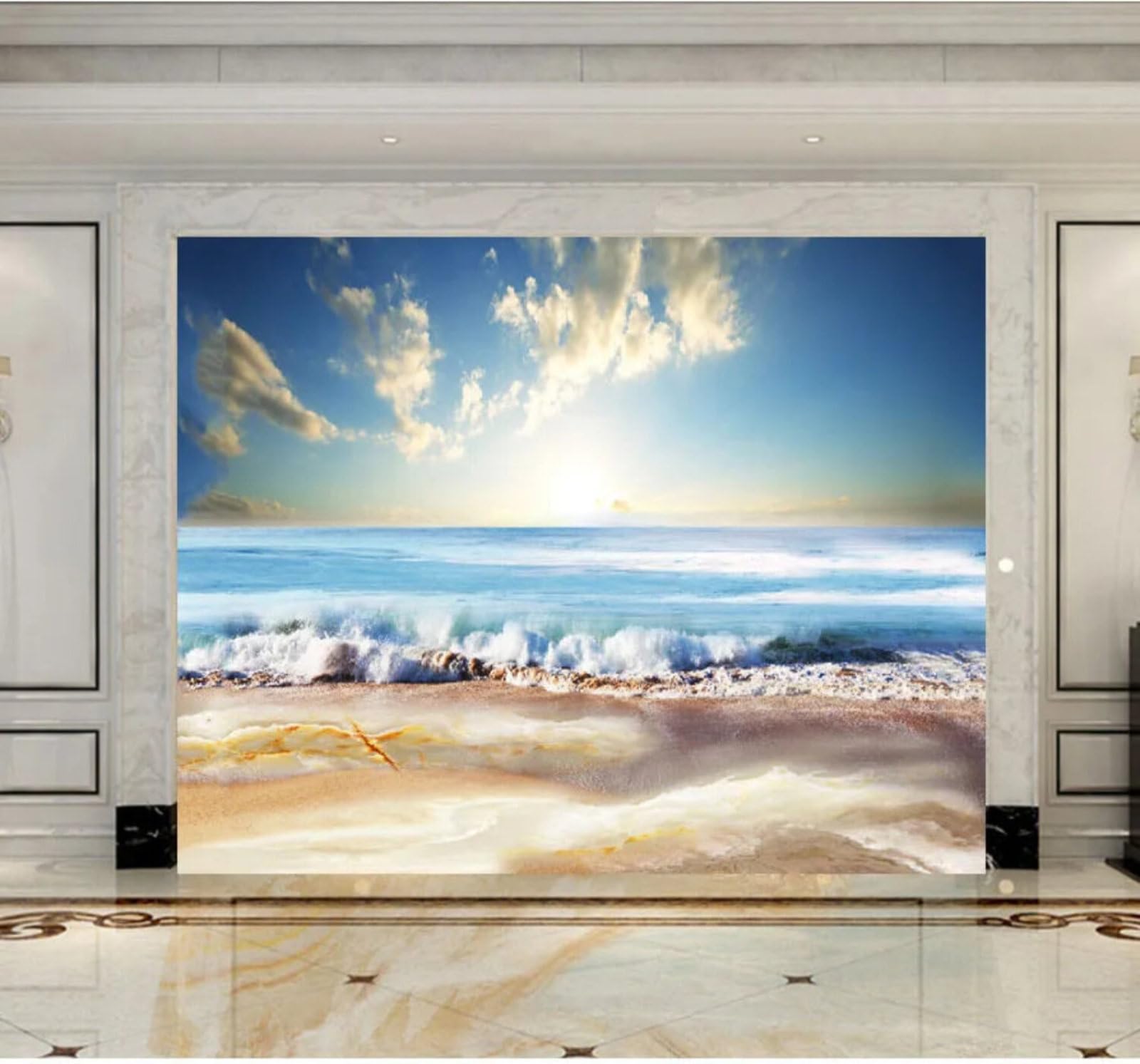 Wallpaper-3D-Xlm 350Cm×256Cm(B×H) Beach Ocean Waves Nature Marble Effect 3D Wallpaper Easy Install Feature Office Living Room Sofa Bedroom Tv Background Wall Decoration-350Cm×256Cm