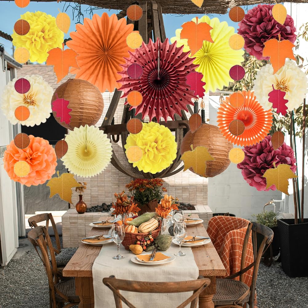 Decoraciones de Fiesta de Otoño: Abanicos de Papel Naranja y Burdeos, Pompones Amarillos, Faroles, Guirnalda de Hojas de Arce, Lunares Circulares para Cosecha, Cumpleaños