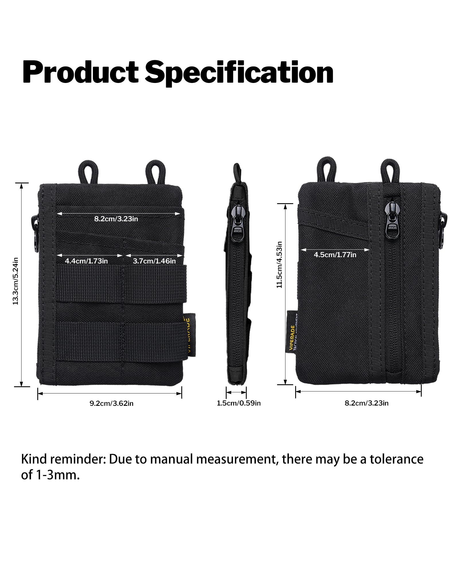 VIPERADE VE18N-M Pochette EDC, portefeuille de poche avec 3 emplacements EDC + 2 poches zippées, 1 grande poche pour ordinateur portable ou téléphone portable, organiseur de poche EDC fin pour homme