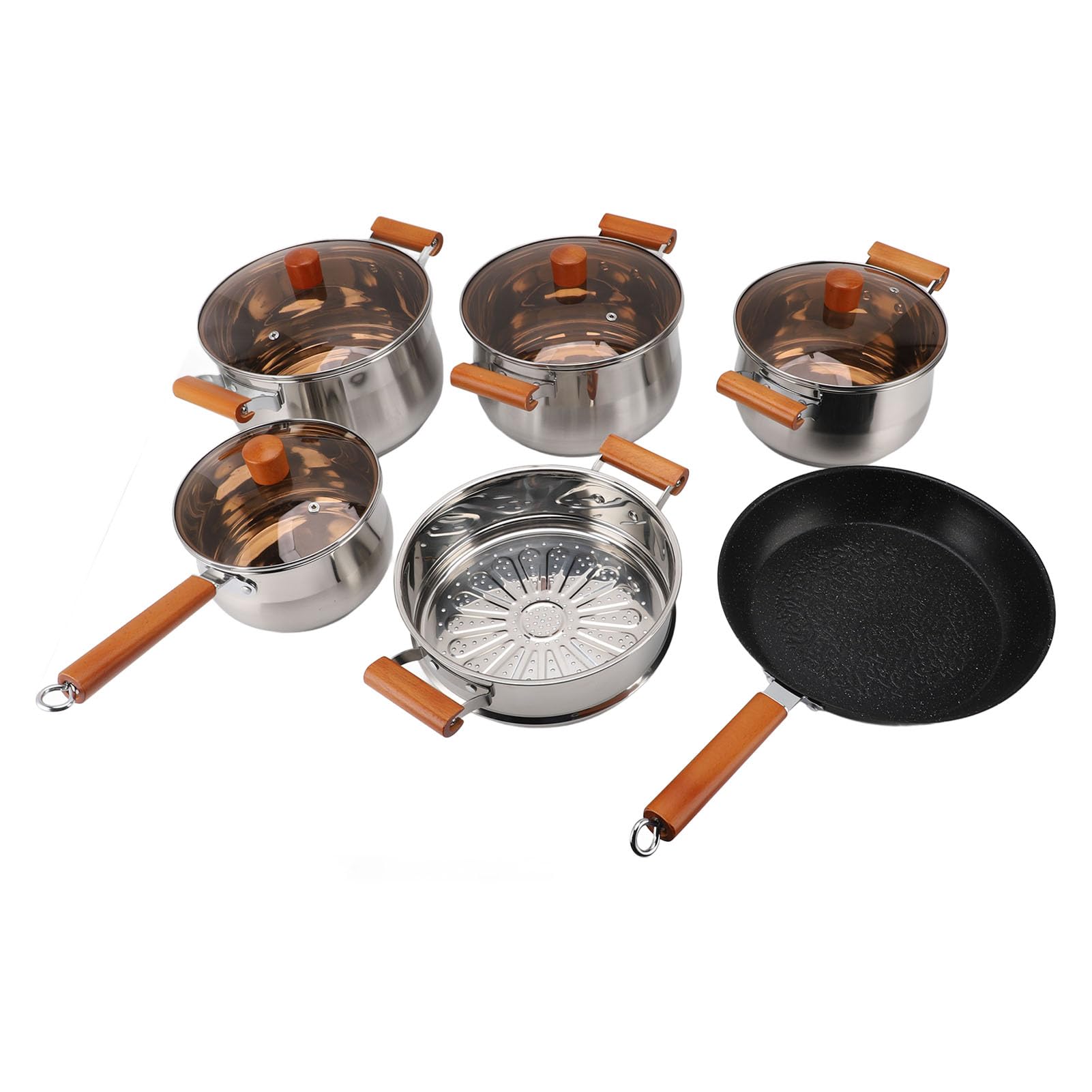 Juego de utensilios de cocina profesionales de acero inoxidable con mangos de madera, ollas y sartenes de cocina de 5 piezas para cocinar sopa hirviendo al vapor, utensilio