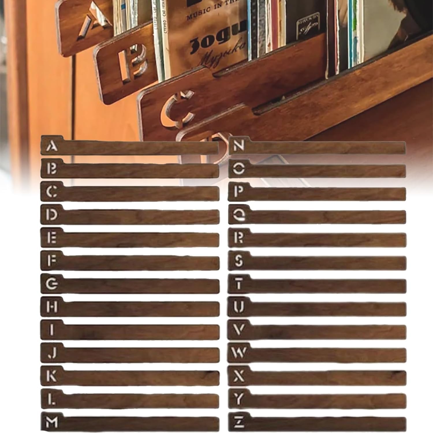 Vinyl Record Dividers,Wooden Record Dividers,Alphabetical Vinyl Record Storage Dividers A-Z,26 Record Holder Organizer Guides,for Album Crate Collection Library Bin for Music Enthusiasts
