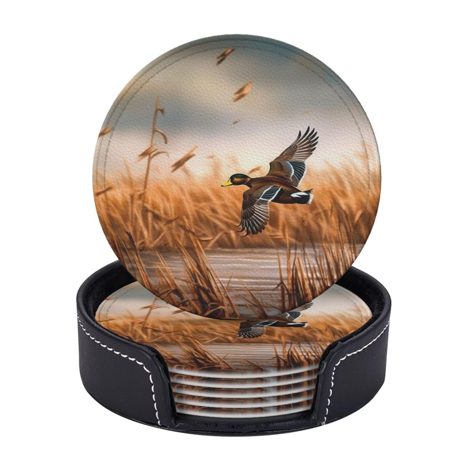 Coasters Set of 6 Microfiber PU leather Coasters with Holders for Drinks Coffee Bar Accessories, House Apartment Coffee Table Decor, Housewarming Gifts - Hunting Flying Wild Duck