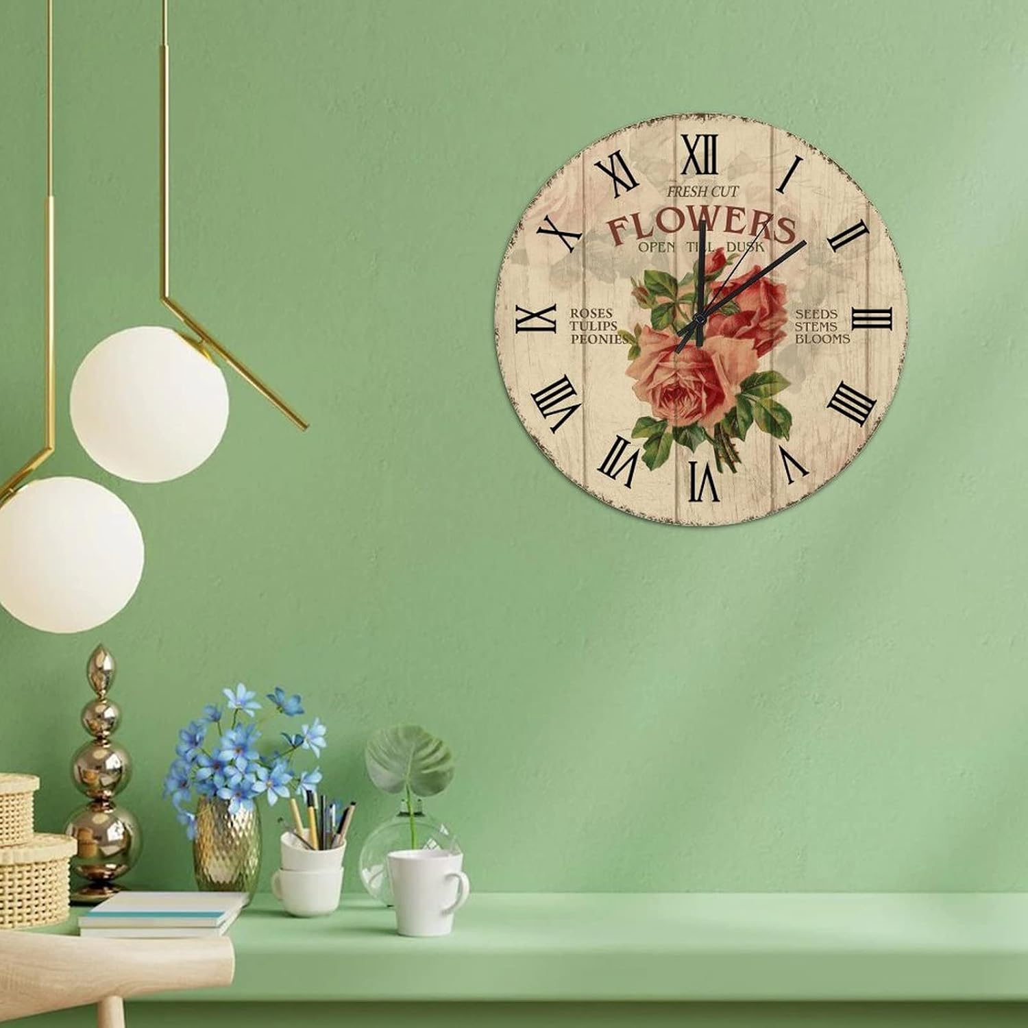 Rustic Hanging Clock 15in Fresh Cut Rose Wooden Clock French Flowers Tuscan Style Battery Operated Non Ticking Analog Home Accessories for Mantel Sunroom Office Back Patio