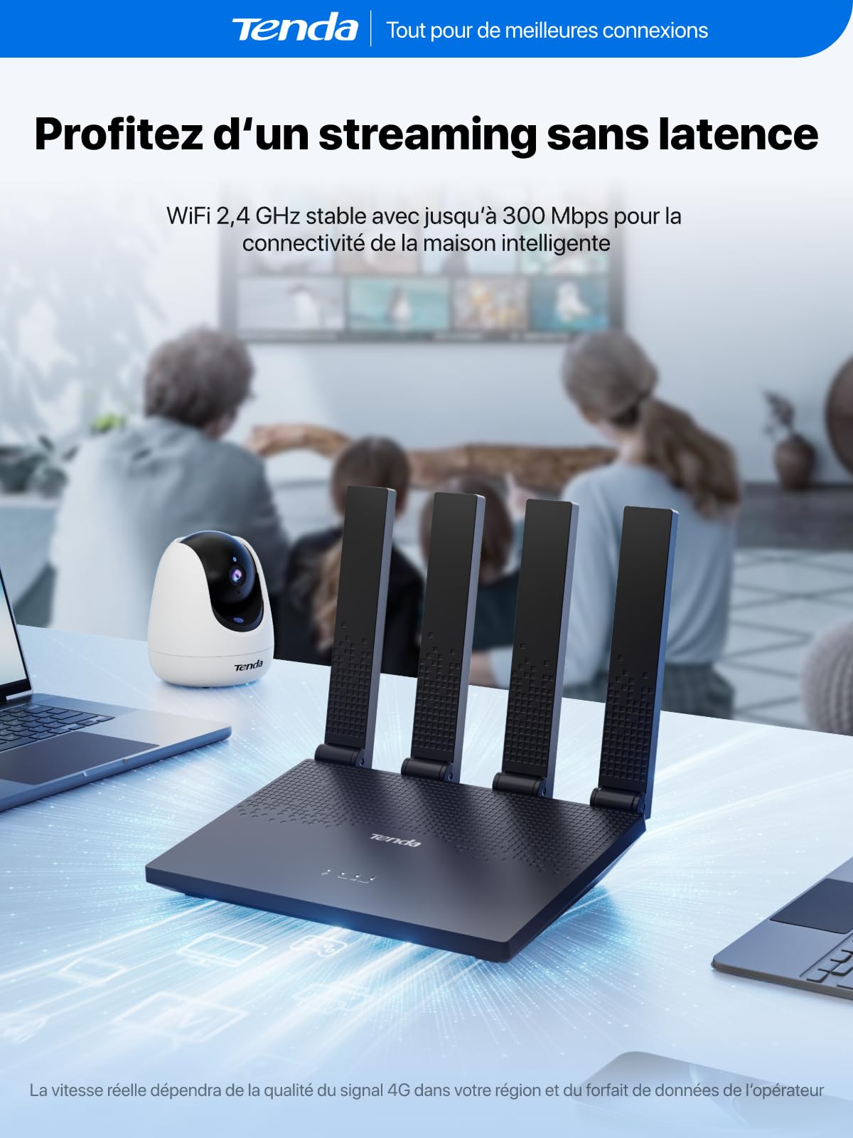 Tenda Routeur 4G avec Carte SIM Box 4G N300 Mobile LTE Cat4 4G03 Pro V2.0 | 4 Antennes Repliables, Alimentation USB-C, LAN/WAN, Plug&Play, 32 Appareils, Portable pour Maison, Camping-car, Voyage