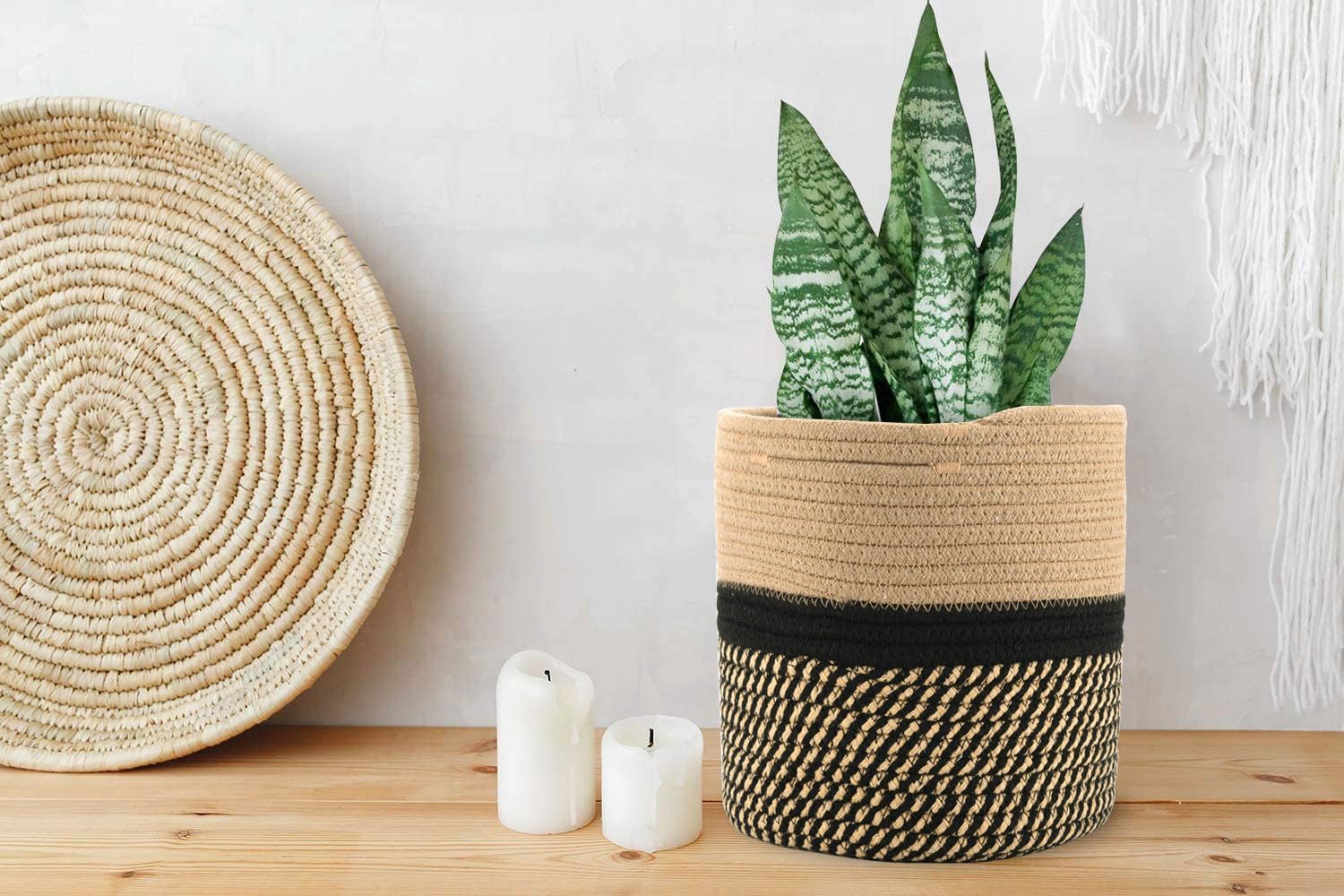 Modern Jute & Cotton Rope Laundry Basket, Woven Laundry Hamper for Dirty Clothes, Durable Storage Organizer for Bedroom, Bathroom, Nursery & Home (20x20x20 cm, Beige Mix Black)-image-40
