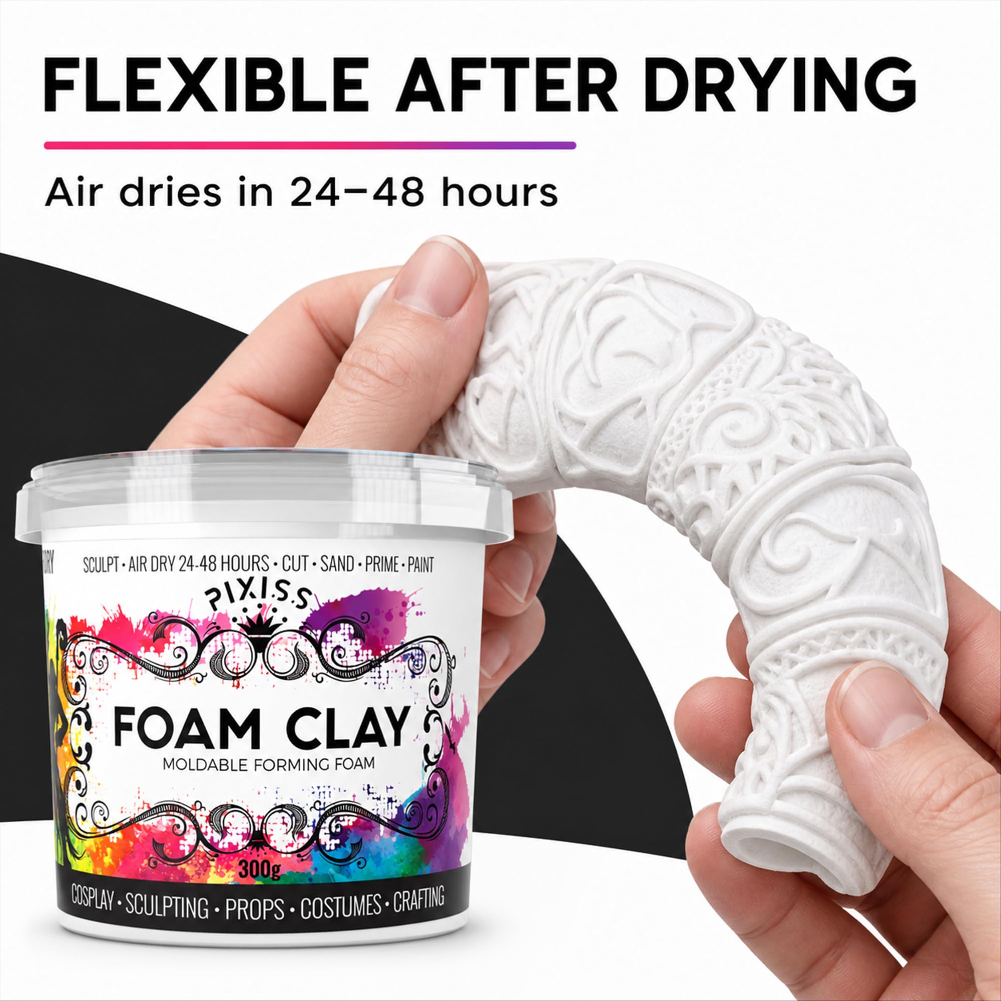 Pixiss Arcilla de espuma moldeable para cosplay (blanco) por (300 gramos) de arcilla de espuma para cosplay, alta densidad y perfecta para diseños intrincados, secar al aire, ideal para cortar con