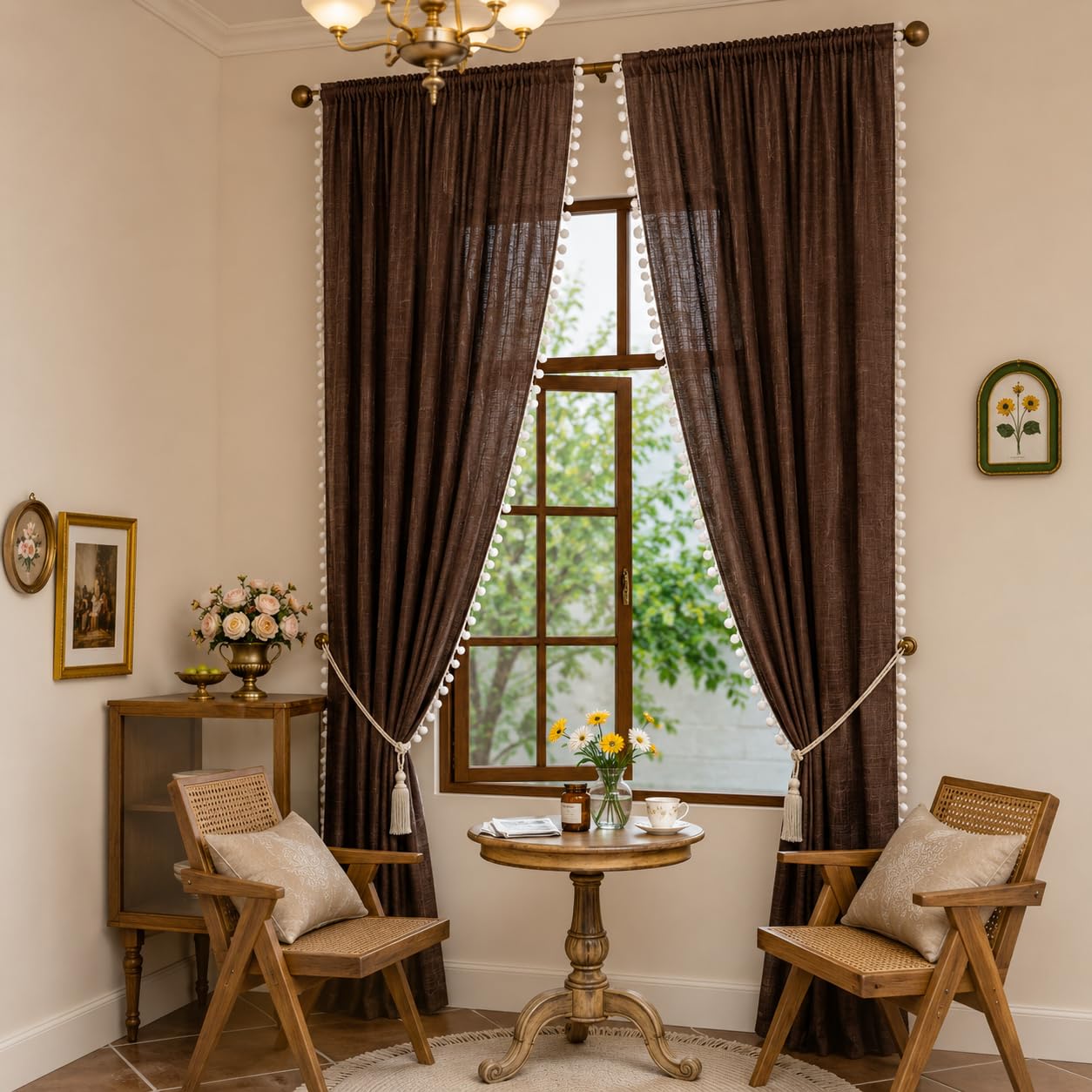 THE LINEN COMPANY Window Curtains Sheer Cotton Curtains with Pom Pom Lace Rod Pocket Light Filtering Transparent Net Curtains for Window Curtains Door Curtains Living Room Brown 4 Ft Pack of 2