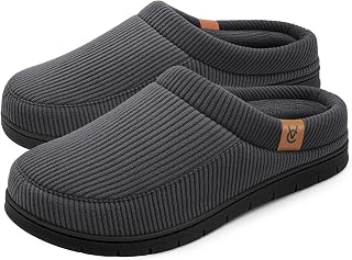 VeraCosy Men's Corduroy Moccasin Slippers - Memory Foam Cushioning, Coral Fleece Lined, Non-Slip Indoor Outdoor House Shoes
