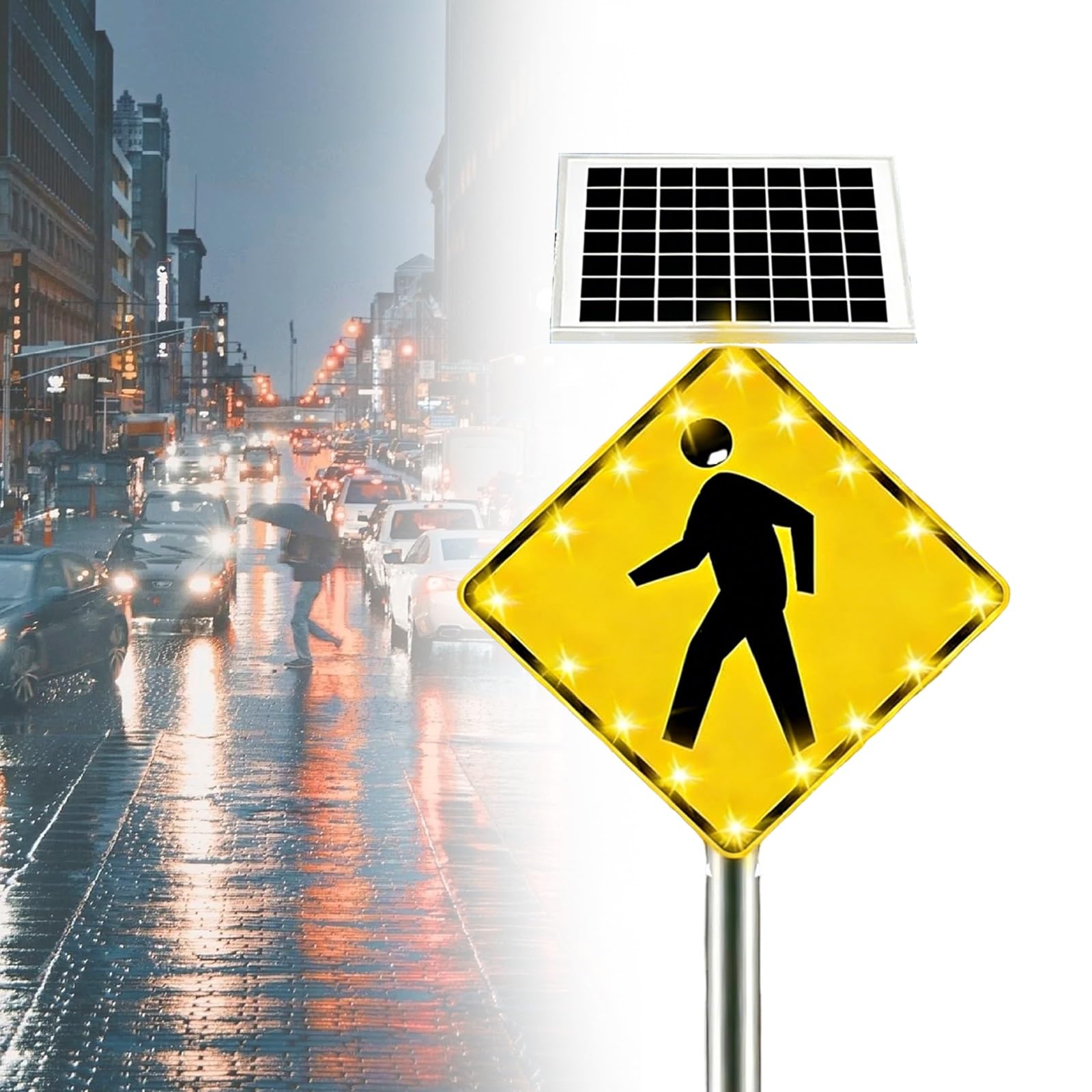Zasilana energią słoneczną, migająca tabliczka na przejście dla pieszych (61/76 cm) z zasilaniem energią słoneczną, nierdzewna aluminiowa rama, szkoły, obszary miejskie i instalacje mieszkalne (30
