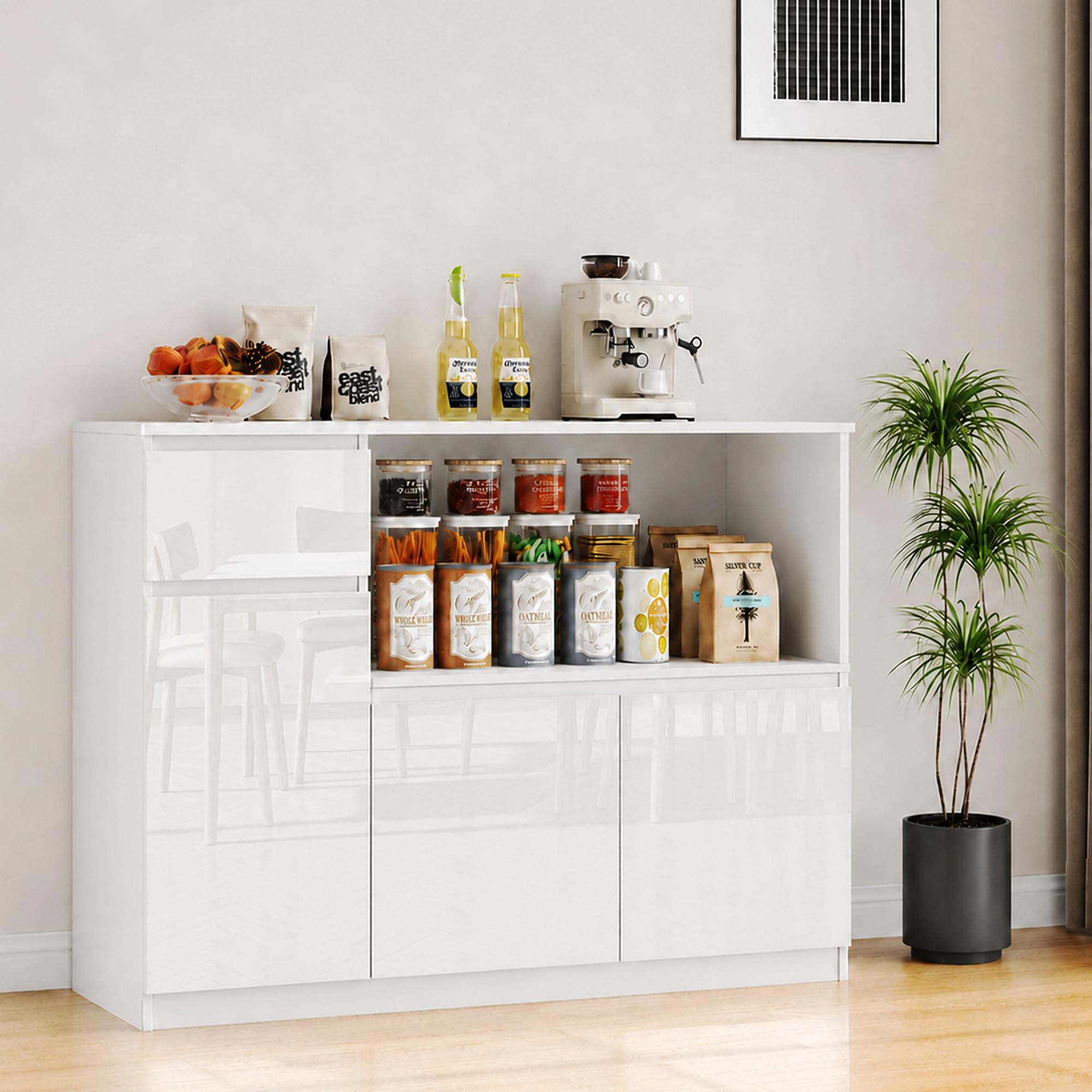 Küchenschrank mit Arbeitsplatte, Vielseitiger Großer Stauraum Sideboard, Buffetschrank, Aufbewahrungsschrank mit Hochglanztüren, verstellbarem Fach für Küche, Esszimmer und Wohnzimmer