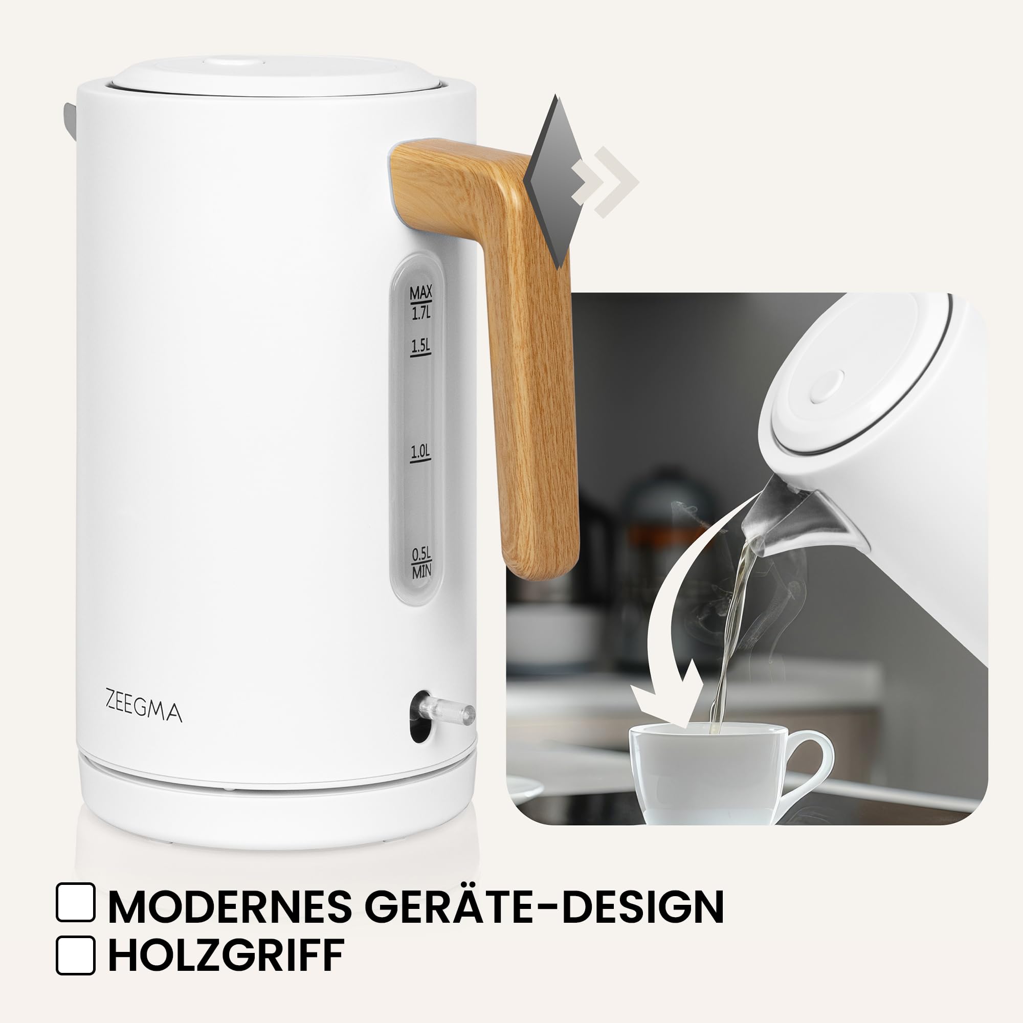 ZEEGMA KETLEE 1,7 L Kabelloser elektrischer Wasserkocher | für Tee und Kaffee, 2200 Watt, Wasserstandsanzeige, automatische Abschaltung, Edelstahl, Modernes elegantes Design (Schwarz)