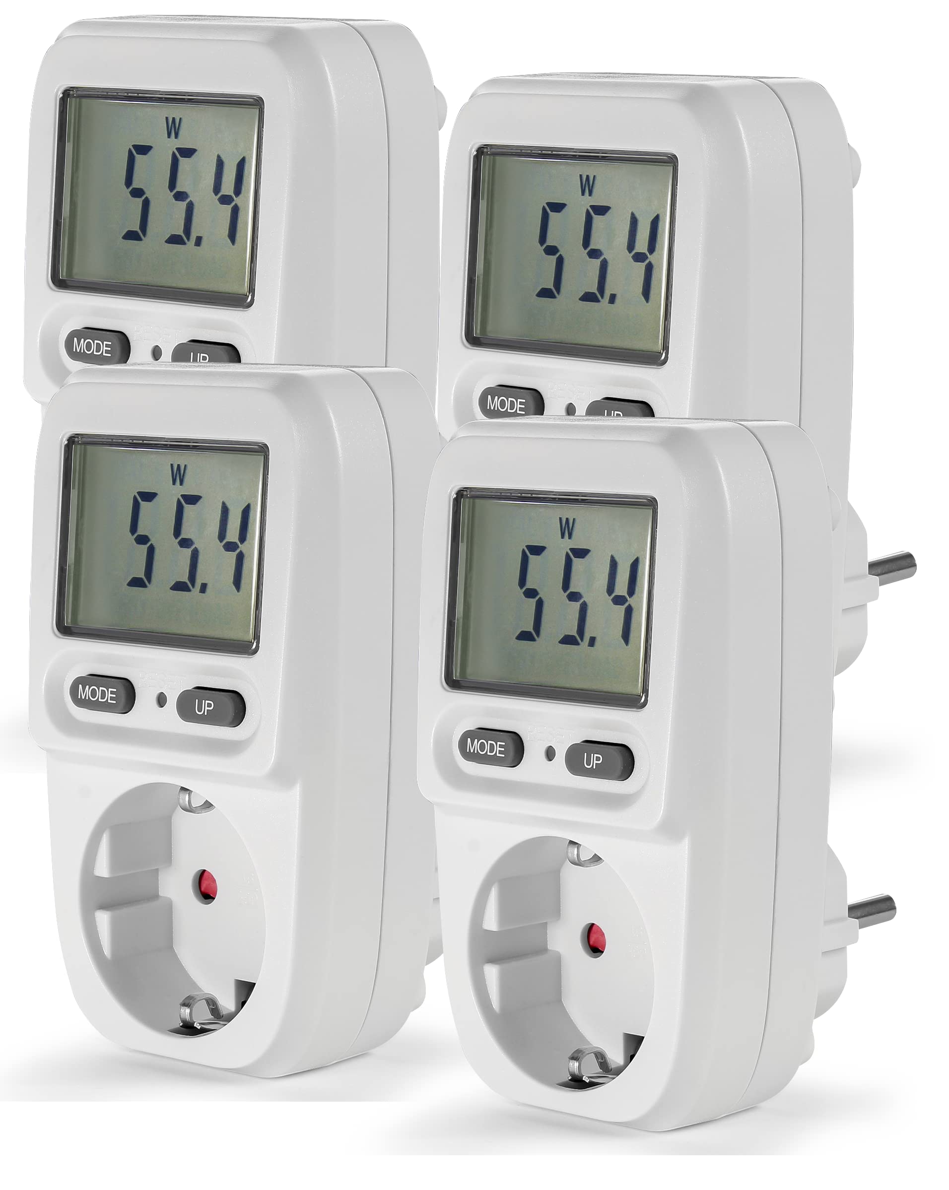 Eaxus® 4er Set Energiekostenmessgerät Steckdose mit Display - Strommesser Verbrauchsmessgerät bis 3680 Watt, Weiß