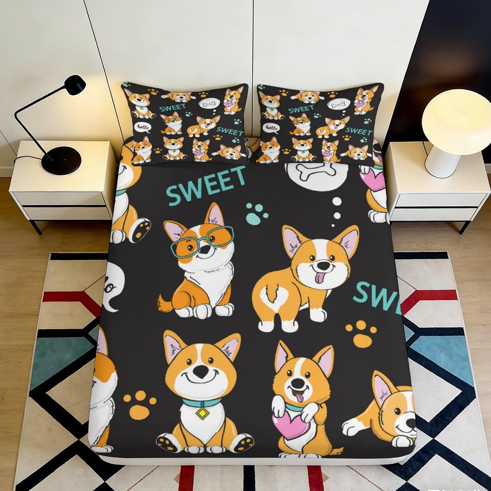 3D Printed Cute Corgi Pattern Fitted Sheet Microfiber Soft Breathable Cartoon Dog Bed Cover for Bedroom Dormitory Guest Room Mattress Protection 160x200x25cm