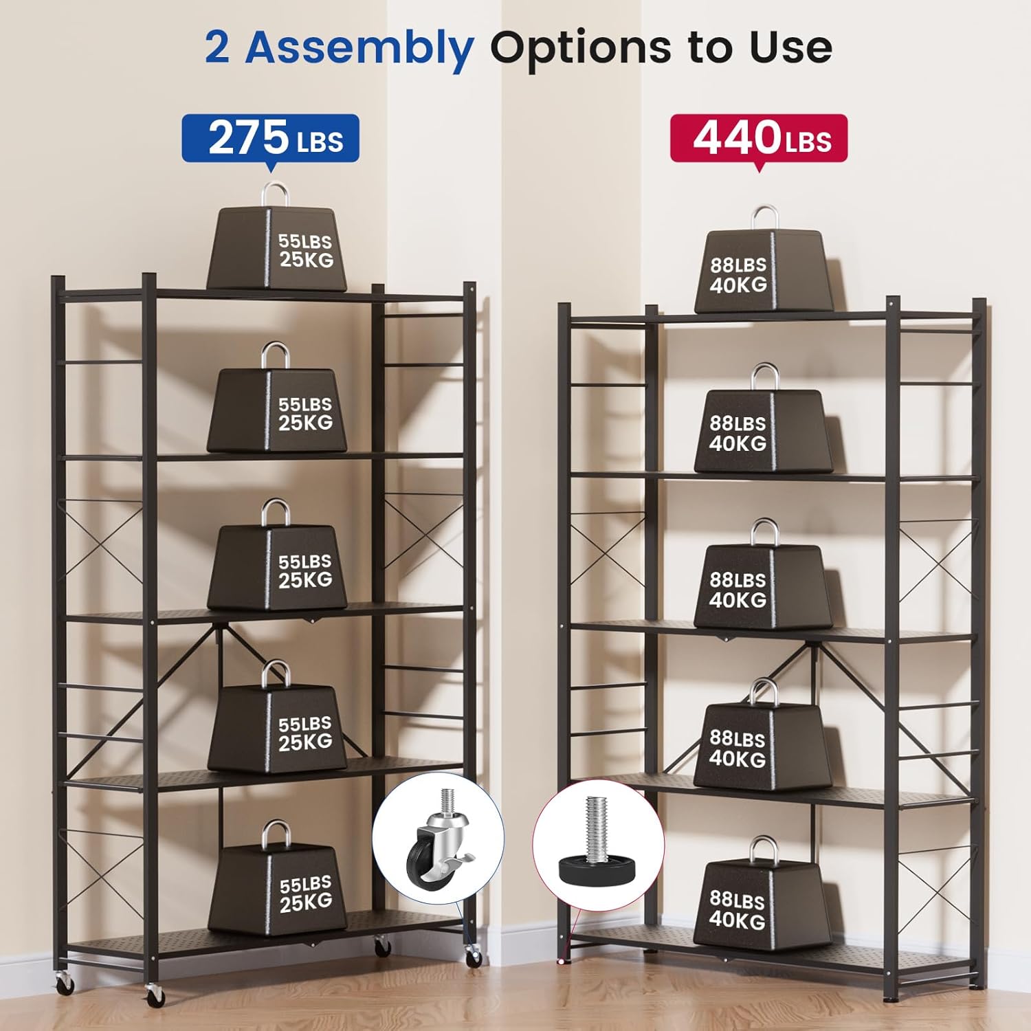 ALANNG 40" W Foldable 5-Tier Storage Shelves with Wheels, Adjustable & Removable Metal Rack, Heavy Duty Rolling Organizer for Kitchen, Garage, Closet, Pantry, and Office (Black,1 Pack)