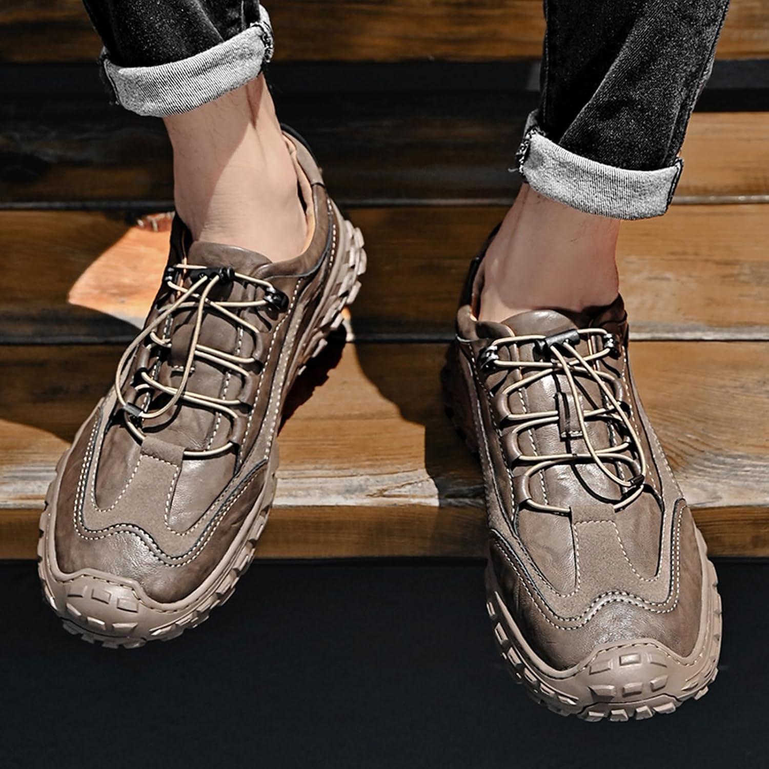 Men's Lightweight Waterproof Hiking Shoes Comfortable Leather Non-Slip Platform Slip On Trekking Trail Shoes Casual Fashion Outdoor Walking Work Sneakers