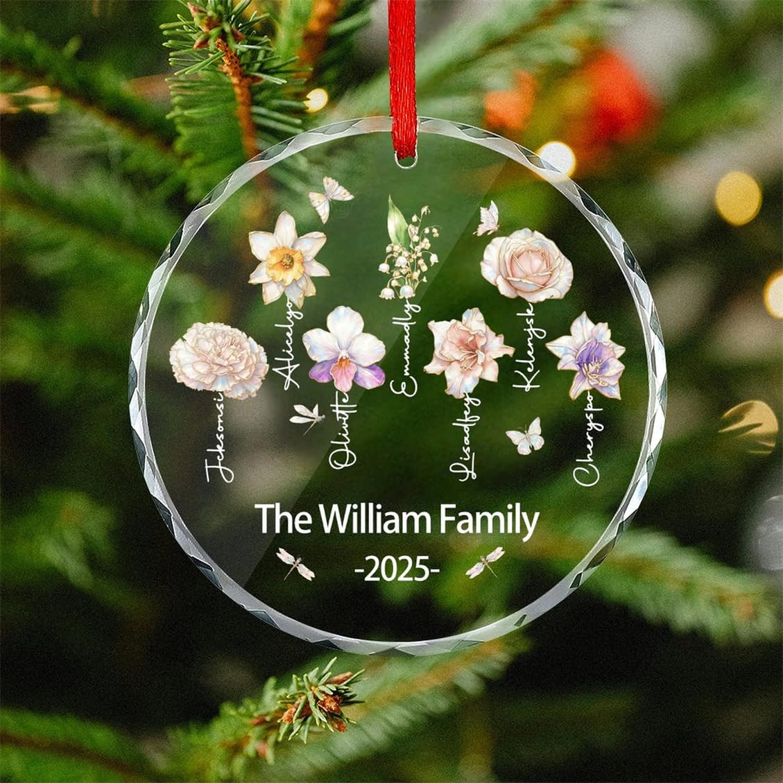 Personalized Birth Flower Glass Christmas Ornament Custom 1-10 Family Name Christmas Tree Ornament Family Xmas Tree Decoration Xmas Keepsake Gift for Dad Mom Grandpa Grandma