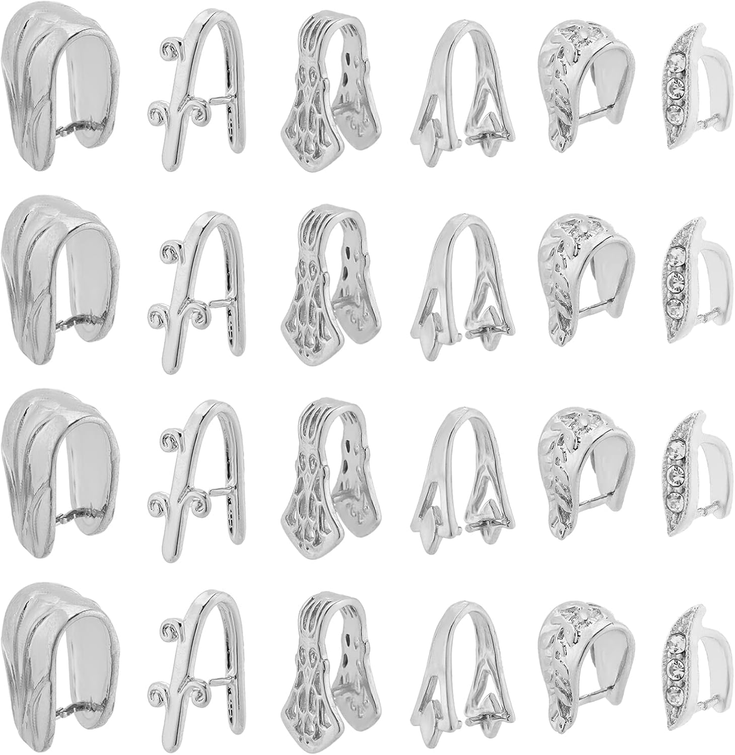 SUPERFINDINGS 24Pcs 6 Style Brass Pinch Bails Set Platinum Ice Pick Pinch Bails Bead Pendant Connector Jewelry Clasps Snap On Bails Pinch Hook for Jewelry Making