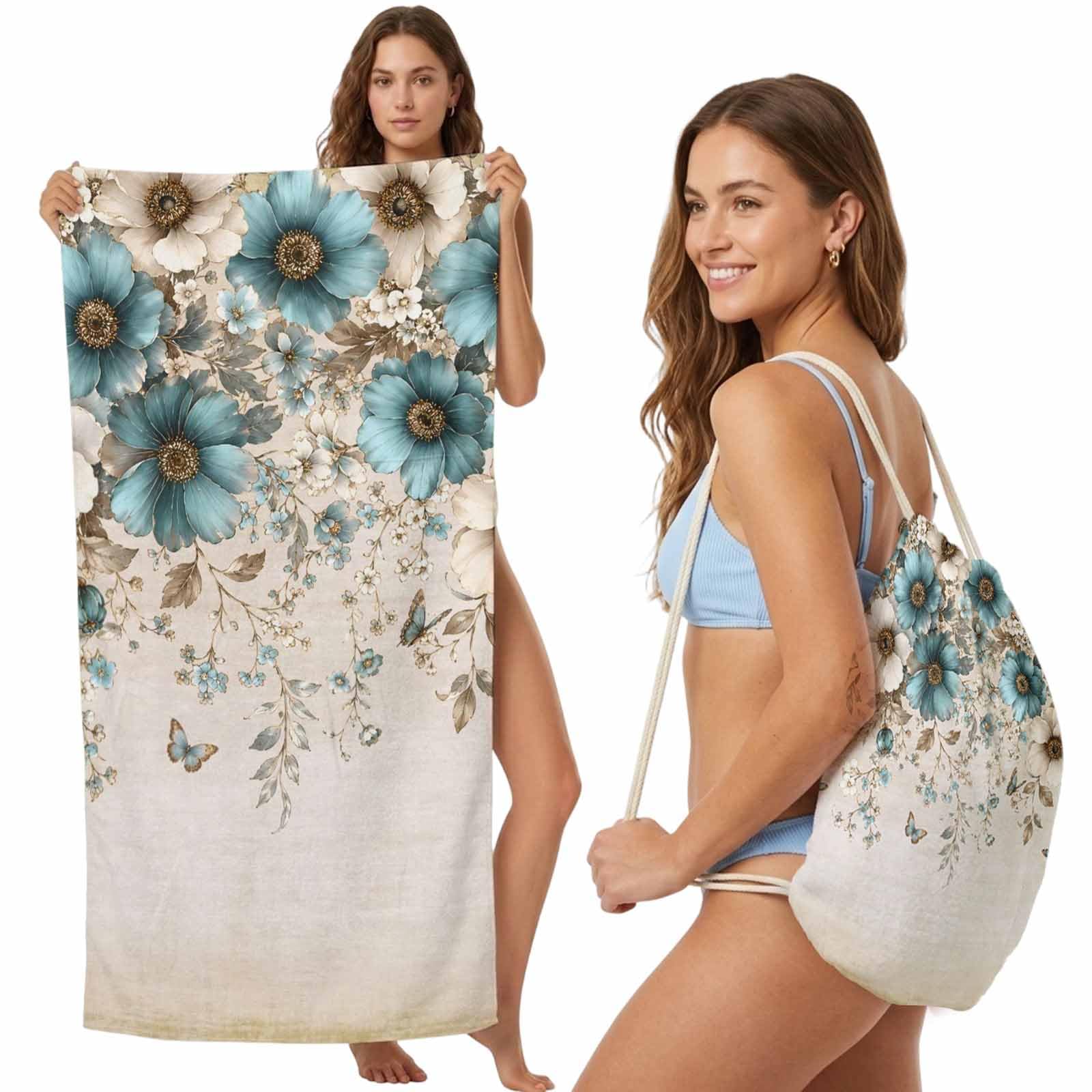 Beach Towel Bag 2 in 1 Teal Blue White Blossoms Bath Pool Towels Backpack Floral Vines Petals Linen Absorbent Beach Towel Soft Quick Dry Lightweight Packable Towels Drawstring Bag for Travel Sports