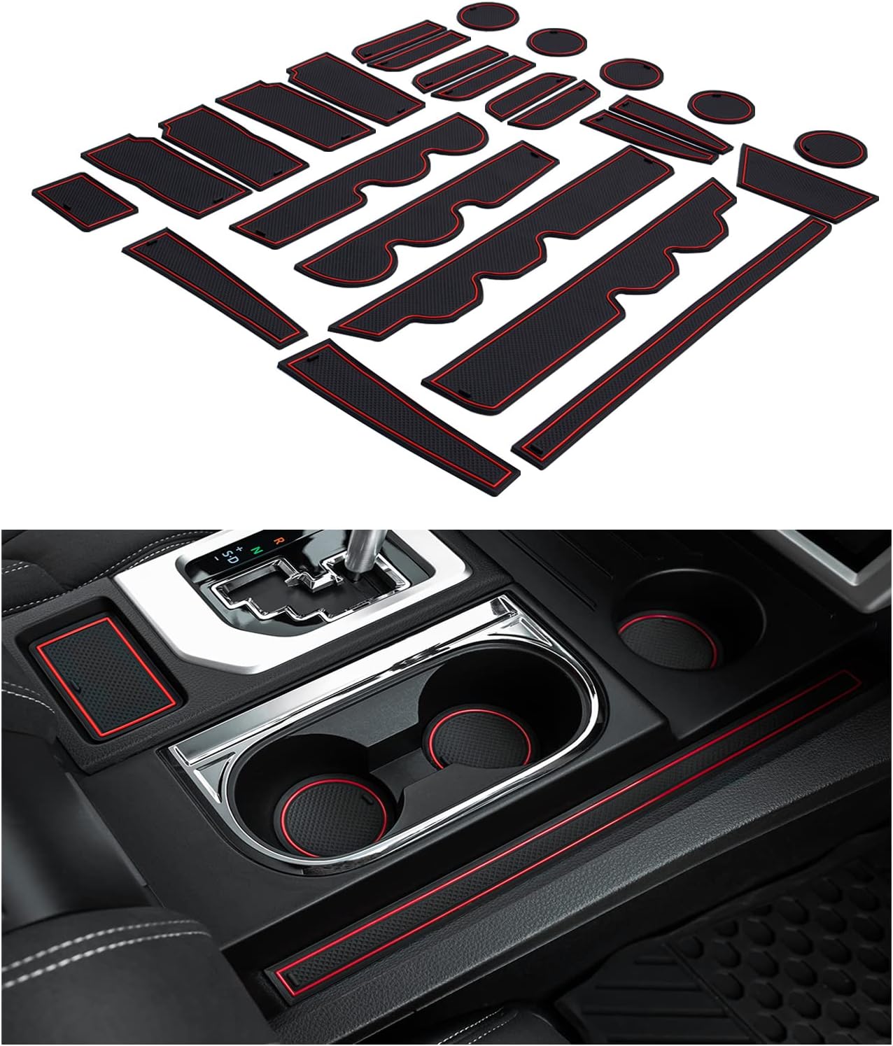 JDMCAR Compatible with Toyota Tundra Accessories 2021 2020 2019 2018 2017 2016 2015 2014 Premium Liner Accessories, Custom Console, Cup Holder, and Door Pocket Inserts Kit - (Bucket Seat,Red Trim)