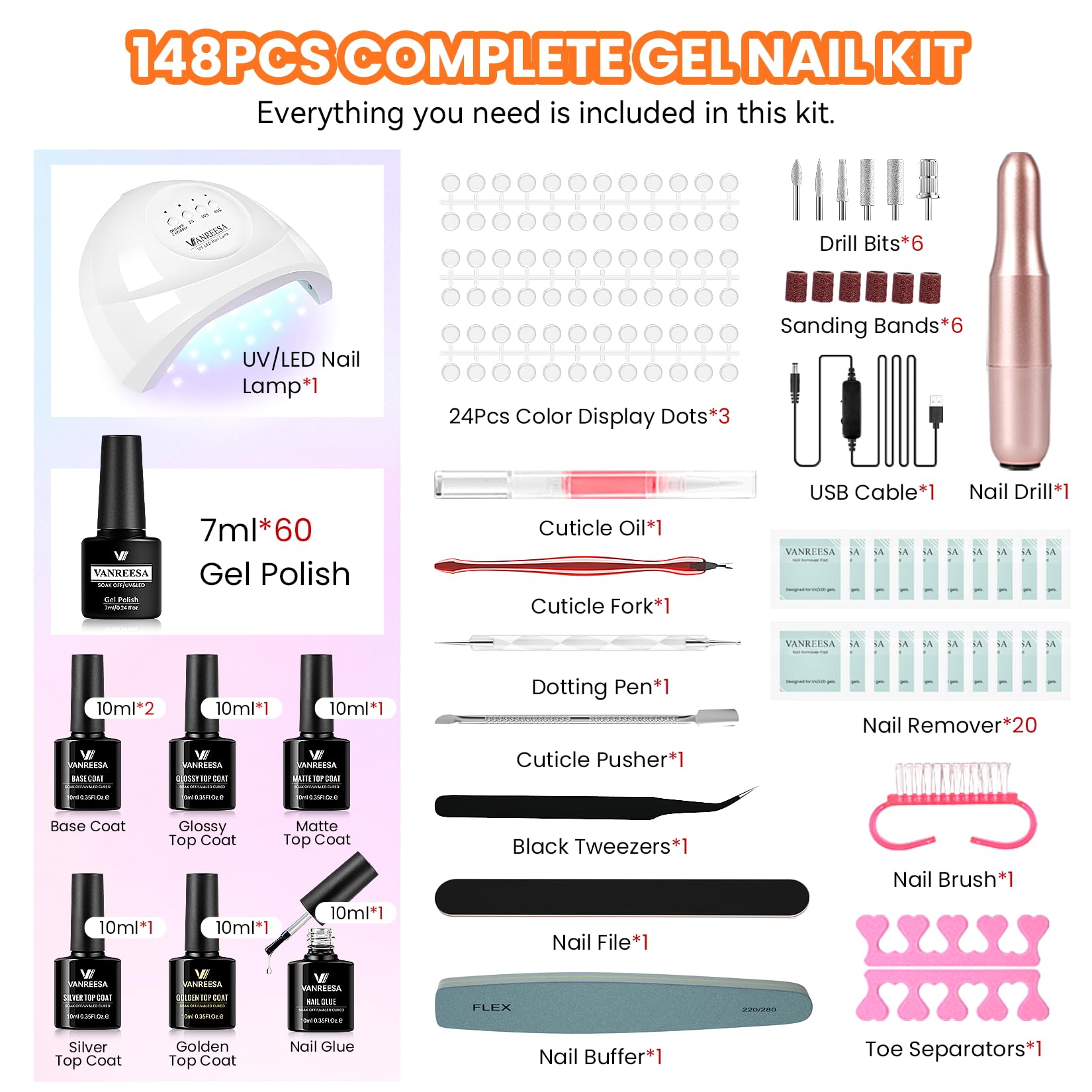 VANREESA Gel Nail Polish Kit with UV LED Lamp, Nail Drill & Almond Tips