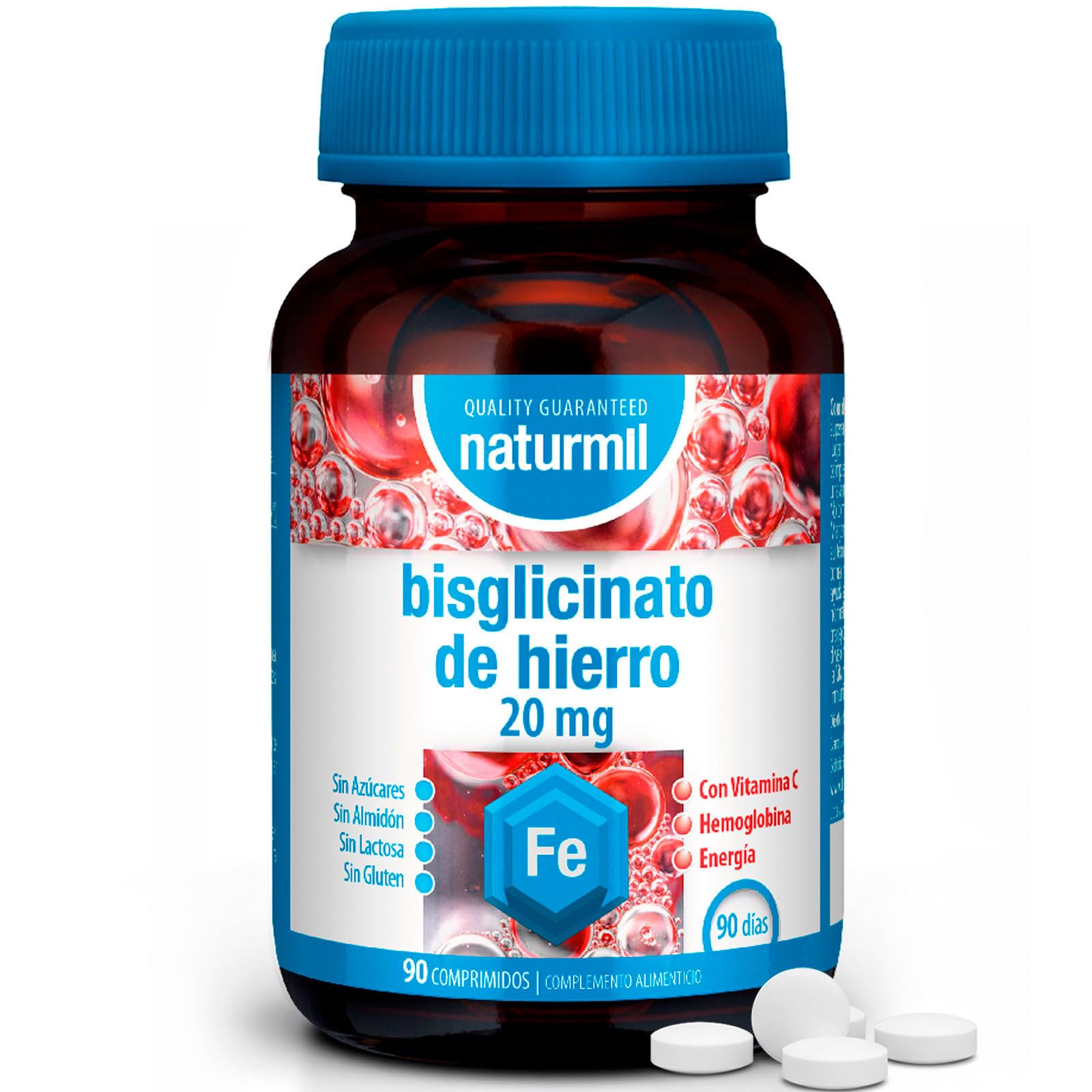 Naturmil Bisciglinato de Hierro 20 mg - Apoyo Energético Sin Gluten ni Lactosa - 90 Comprimidos