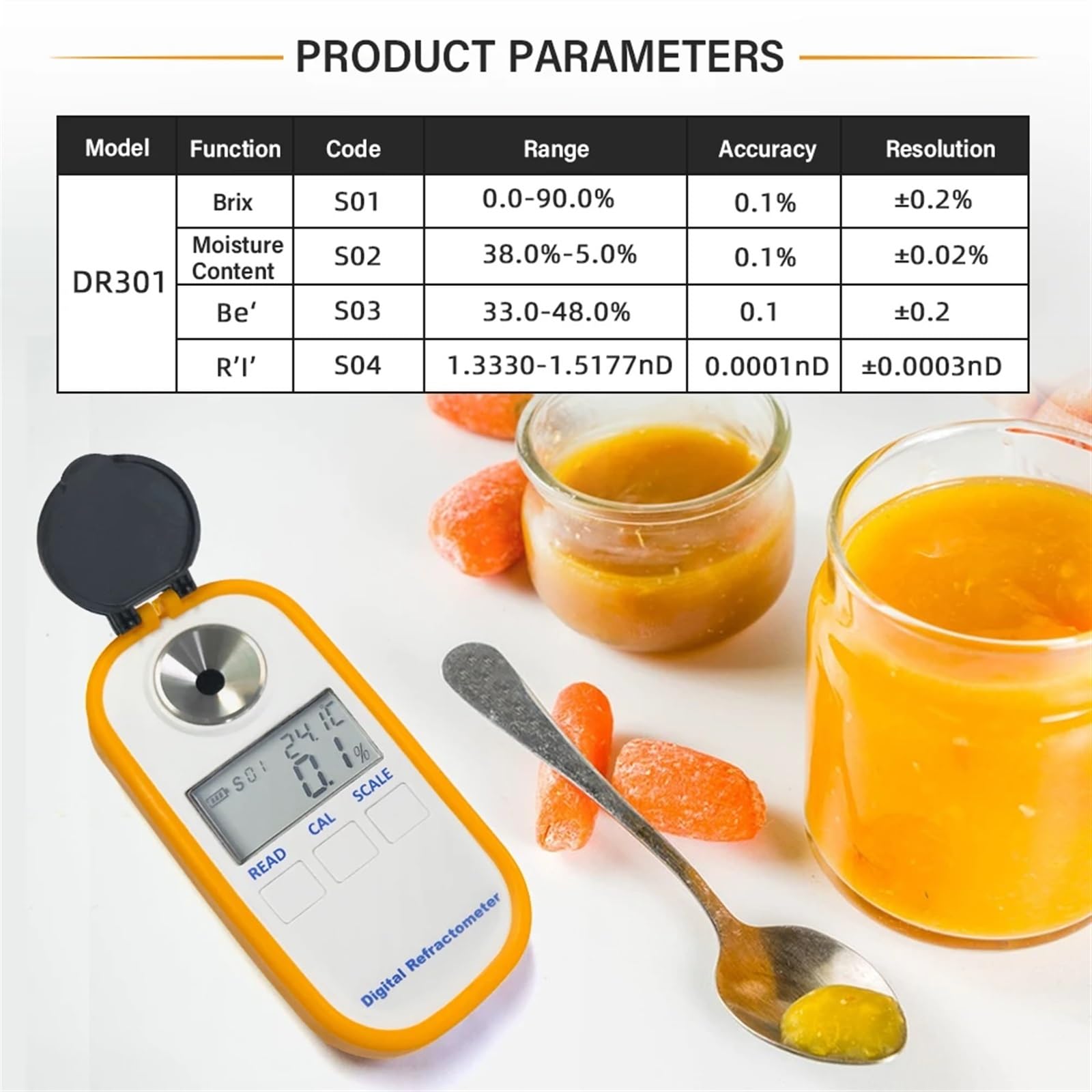 Refraktometer, 3-in-1 Digitaler Honigrefraktometer 0-90% Brix 5,0% ~ 38,0% Feuchtigkeit 33,0~48,0 Baume Ahornsirup Melasse Malz Imkereibedarf