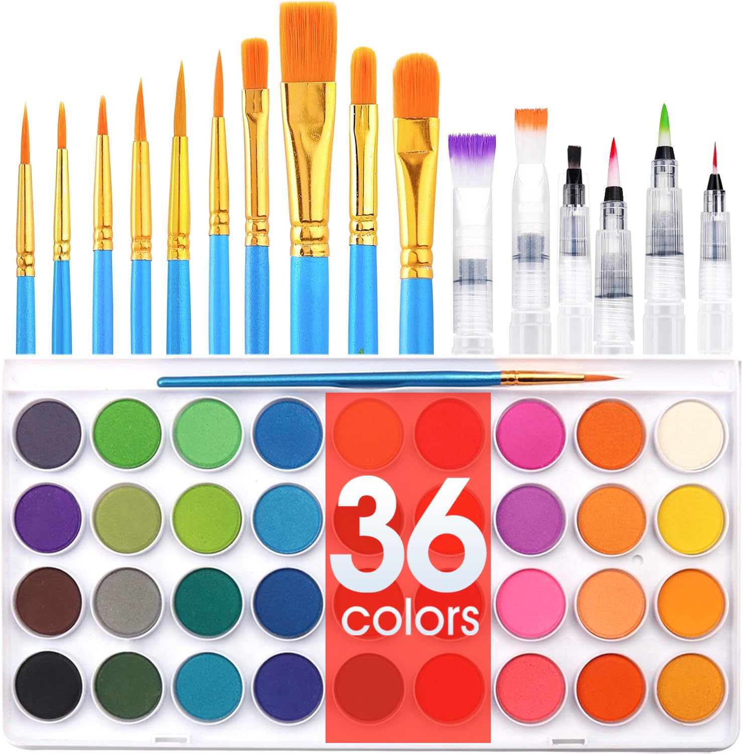 AROIC 36 Colors Watercolor Paint Set, Watercolor Pan Set with 10 Nylon Brushes and 6 Refillable Water Brushes. Perfect for Adults and Beginner Artists