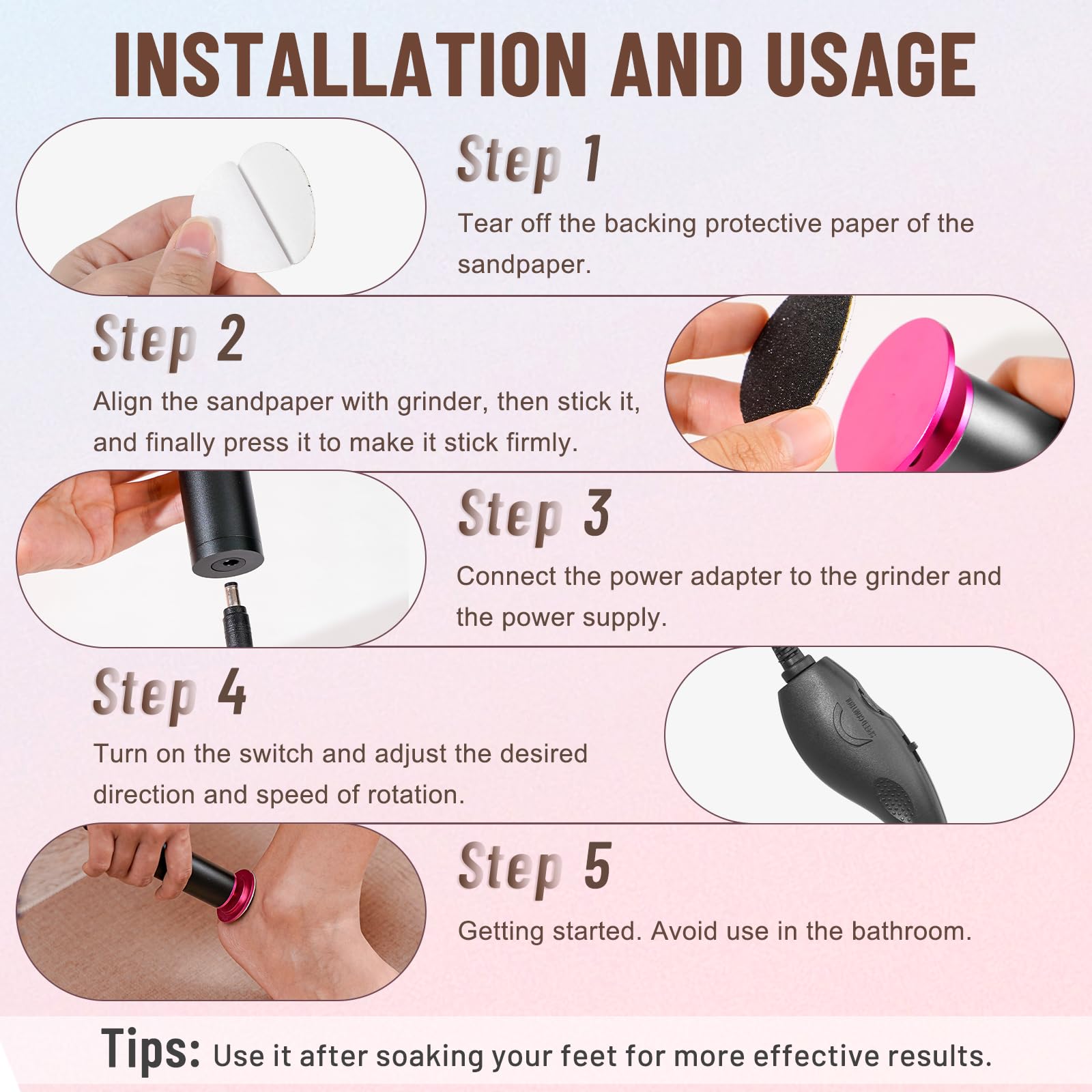 Dermawave - Lima eléctrica para pies, removedor de callos para pies, lijadora profesional para piel muerta y talón agrietado, herramienta de pedicura con 60 discos de papel de lija para hombres y