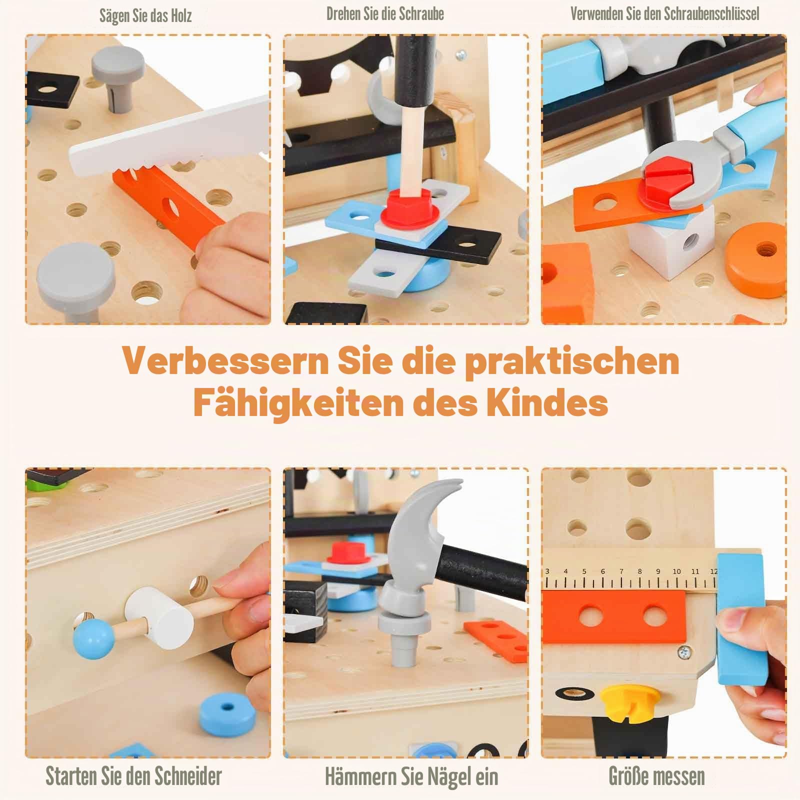 HOMASIS Werkzeugbank Kinder, Werkbank Spielwerkbank Holz, Werkstatt mit 75 TLG. Zubehör & Tafel & Arbeitsplatte & unteren Ablage, Spielzeug-Werkbank Kinderwerkbank ab 3 Jahre (46x37x72cm)
