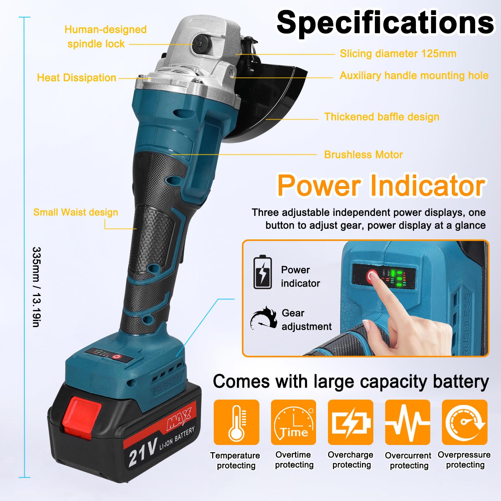Weytoll Amoladora angular inalámbrica 125 mm, 21 V, motor sin escobillas, 2 baterías 1300 mAh, deflector grueso, mango auxiliar, velocidad regulable, bloqueo husillo